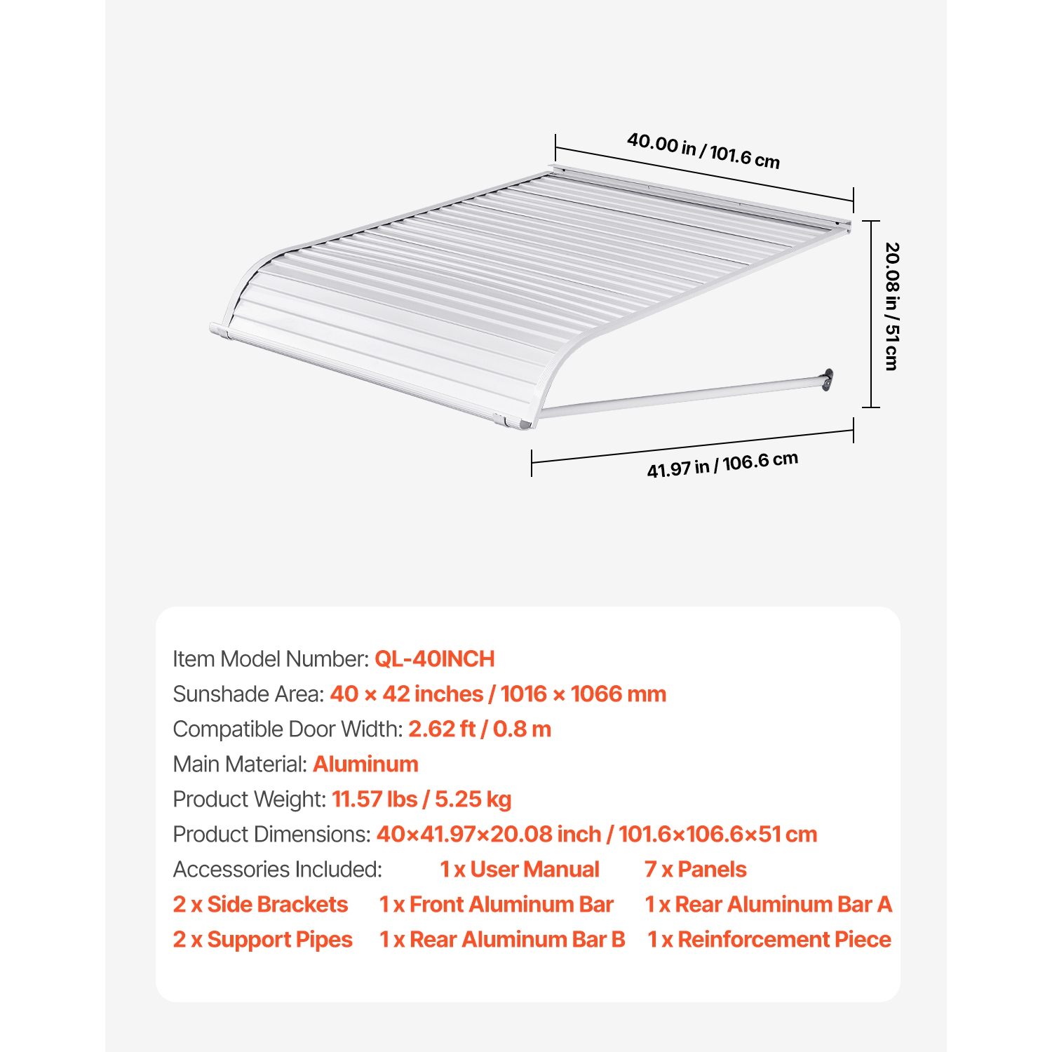 Auvent en aluminium VEVOR de 40 x 42&nbsp;po, auvent de porte durable, auvents extérieurs en aluminium léger et stable Protection contre la pluie