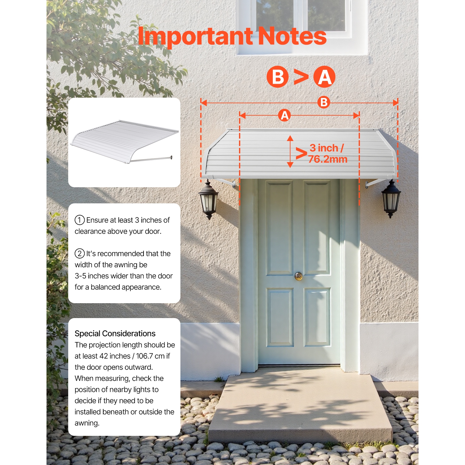 Auvent en aluminium VEVOR de 48 x 42&nbsp;po, auvent de porte durable, auvents extérieurs en aluminium léger et stable Protection contre la pluie,