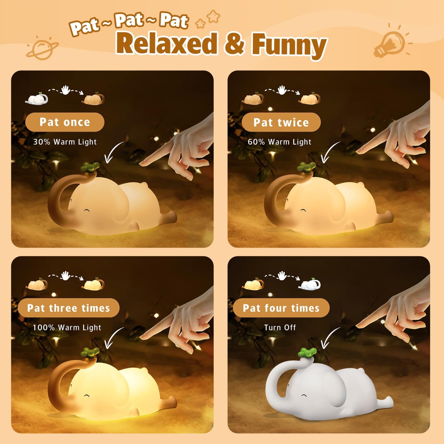 Silicone Elephant Night Light, 3-Level Dimmable LED Night Light, USB Rechargeable Touch Control, Suitable for Bedroom