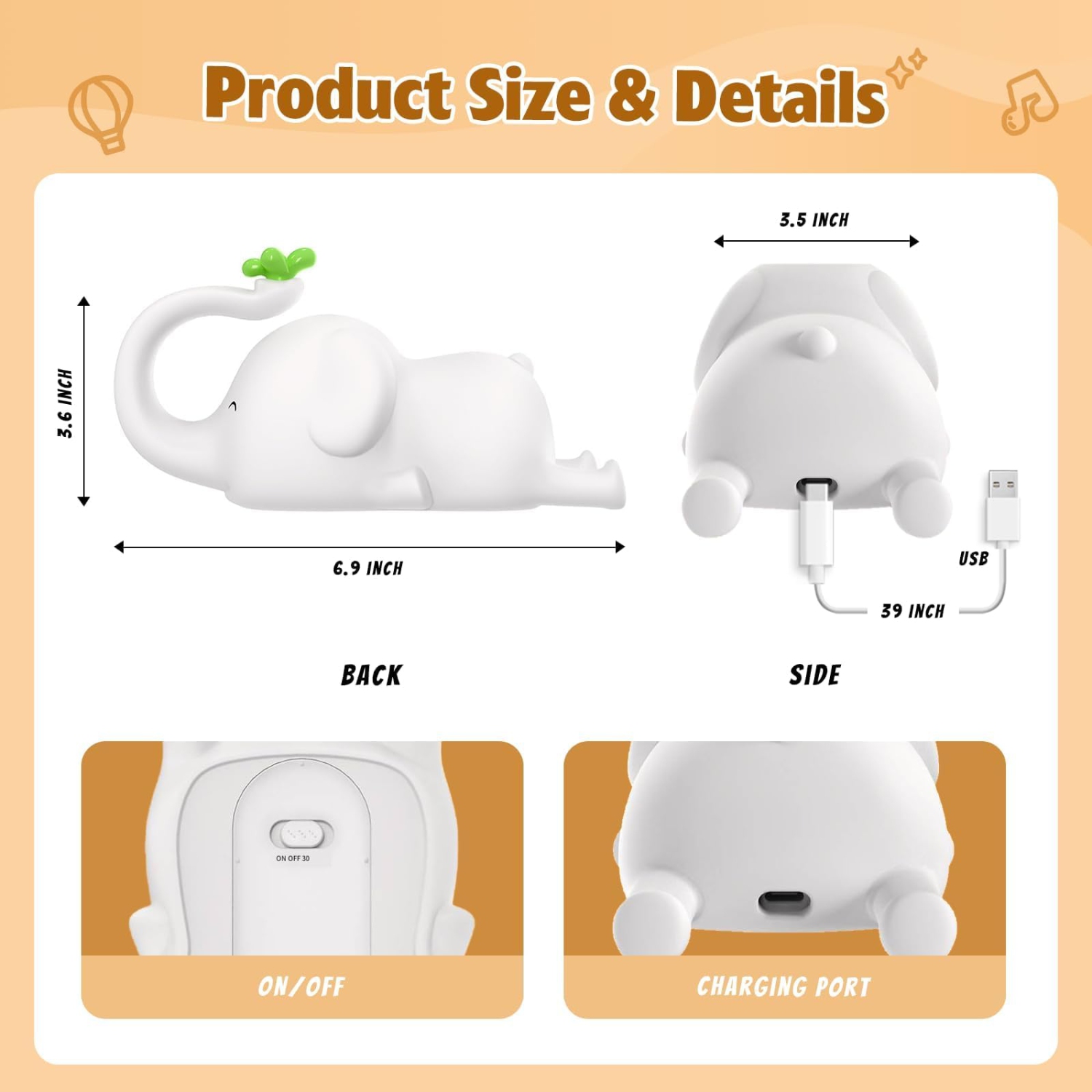Silicone Elephant Night Light, 3-Level Dimmable LED Night Light, USB Rechargeable Touch Control, Suitable for Bedroom