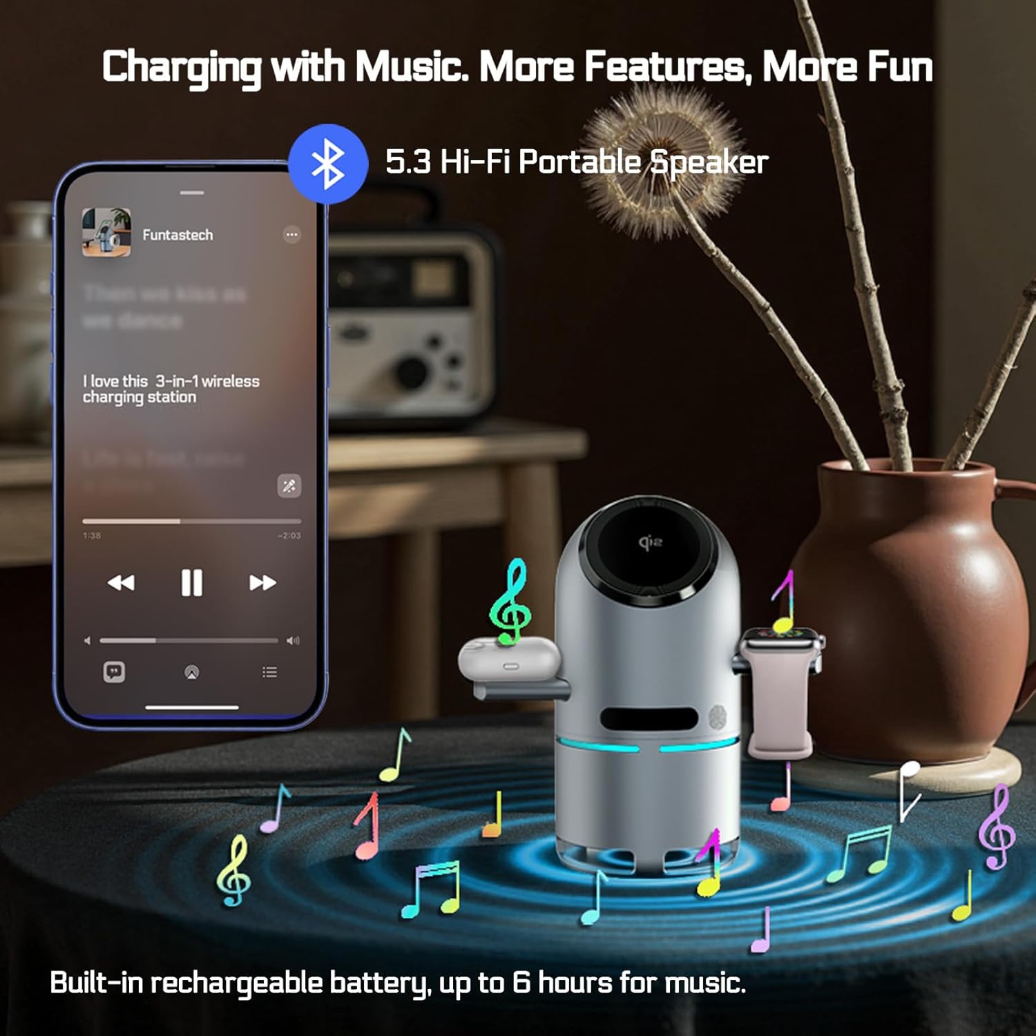 Station de recharge 3-en-1 pour plusieurs appareils, socle de chargement avec haut-parleur intégré portatif, chargeur sans fil rapide QI2 pour iPhone