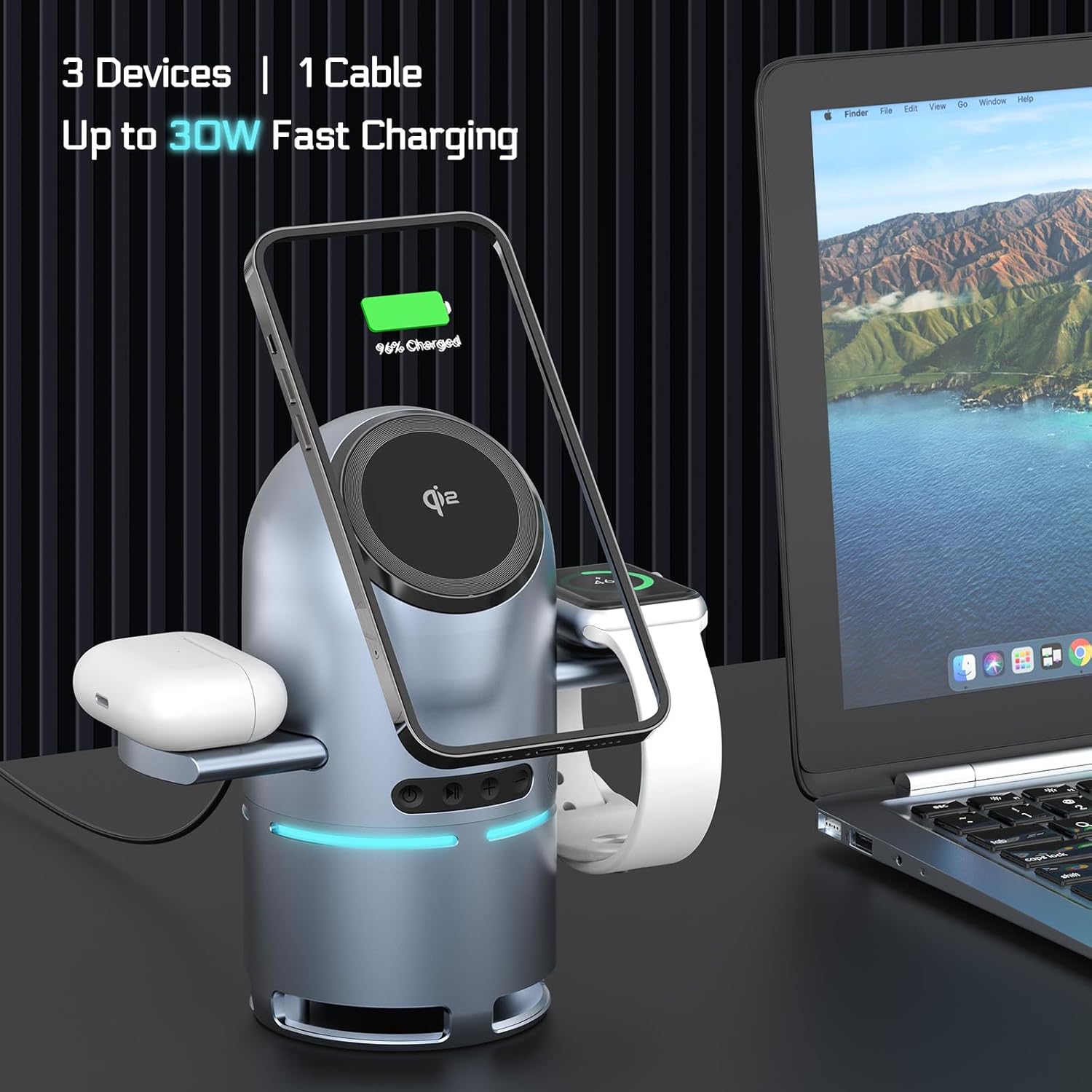 Station de recharge 3-en-1 pour plusieurs appareils, socle de chargement avec haut-parleur intégré portatif, chargeur sans fil rapide QI2 pour iPhone