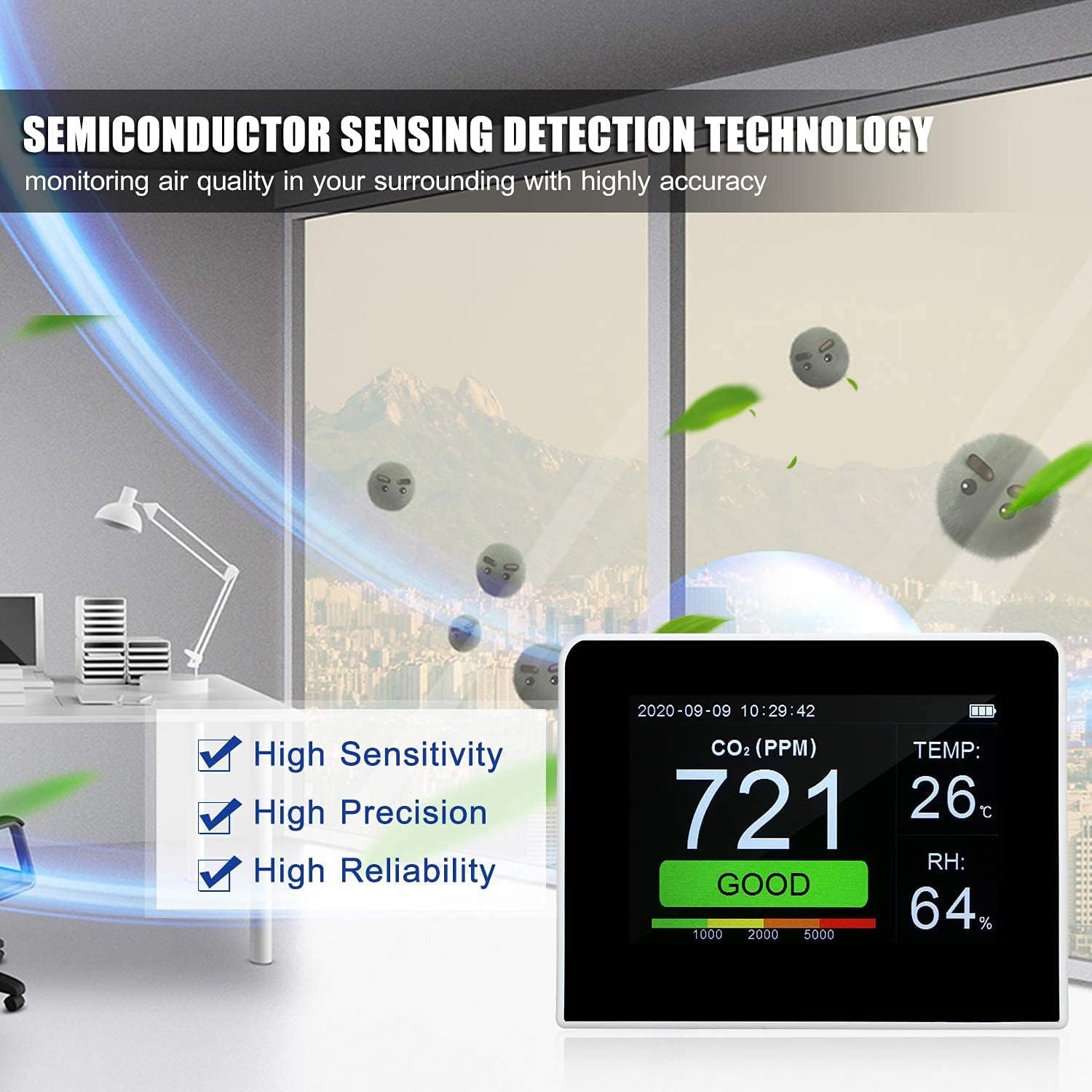 Détecteur de CO₂ | Écran couleur de 3,5 pouces | Surveillance en temps réel des CO₂, de la température et de l'humidité | Chargement USB | Stockage