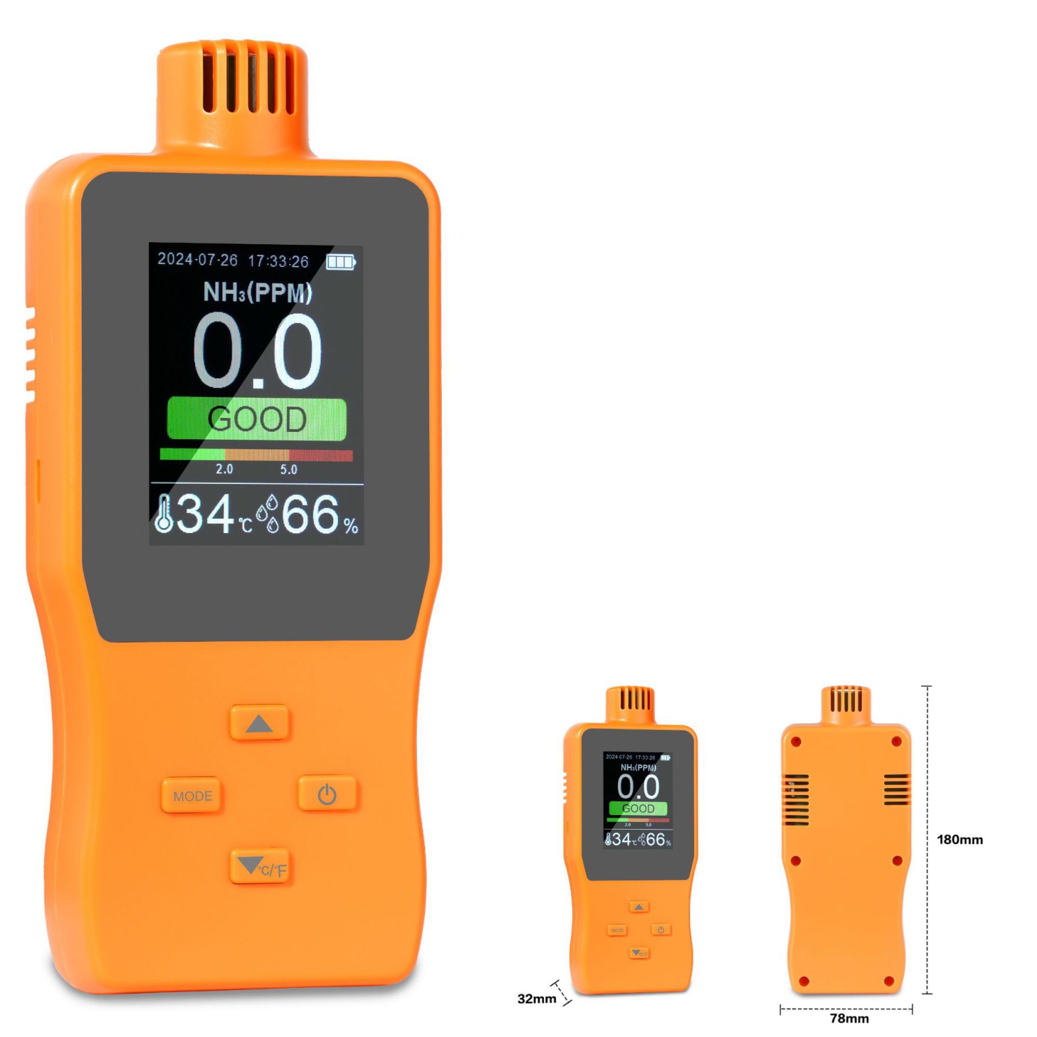 NH3 gas detector | 2.8-inch color LCD | Real-time monitoring of NH3, temperature, and humidity | Data storage | Audible and visual alarms | USB
