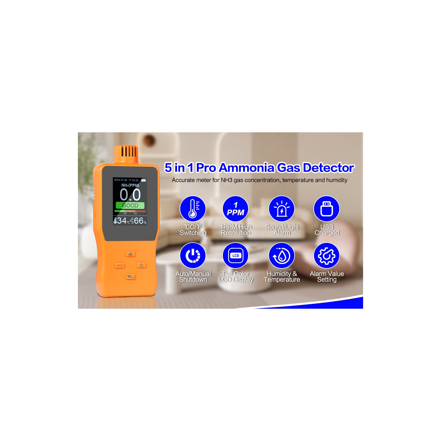 NH3 gas detector | 2.8-inch color LCD | Real-time monitoring of NH3, temperature, and humidity | Data storage | Audible and visual alarms | USB