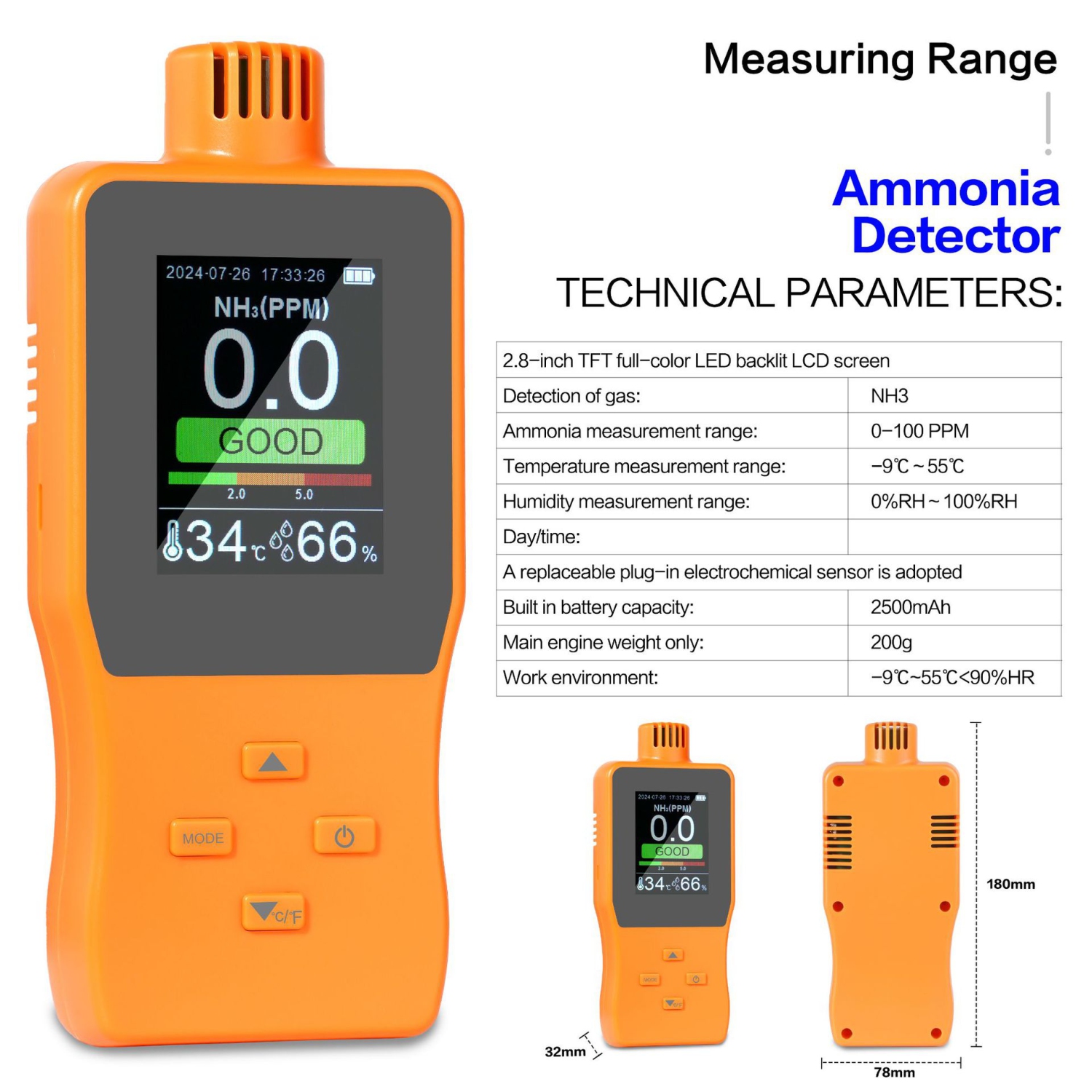 NH3 gas detector | 2.8-inch color LCD | Real-time monitoring of NH3, temperature, and humidity | Data storage | Audible and visual alarms | USB