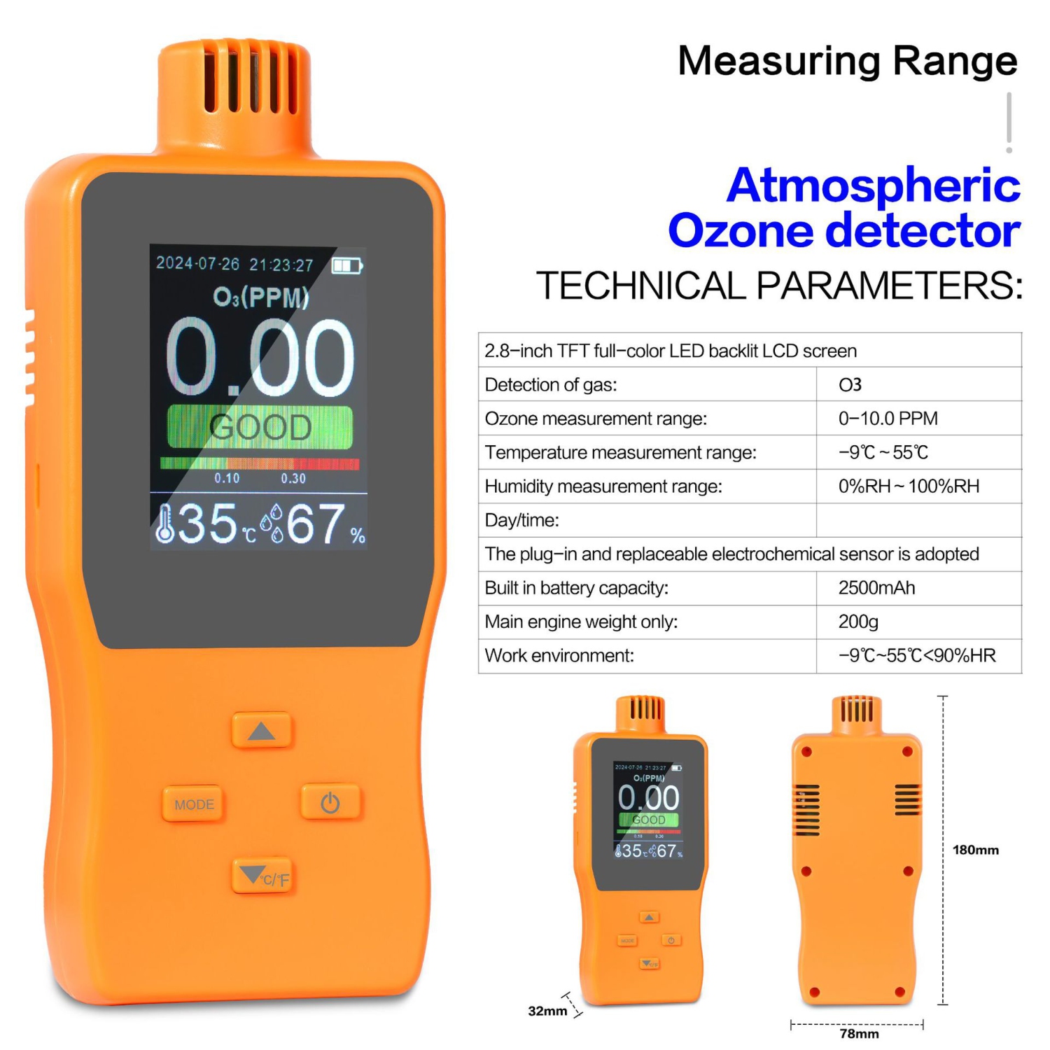 2.8-inch Ozone Detector || Real-time O3 Concentration Monitoring | Temperature and Humidity Display | Audible and Visual Alarms | Data Storage | USB