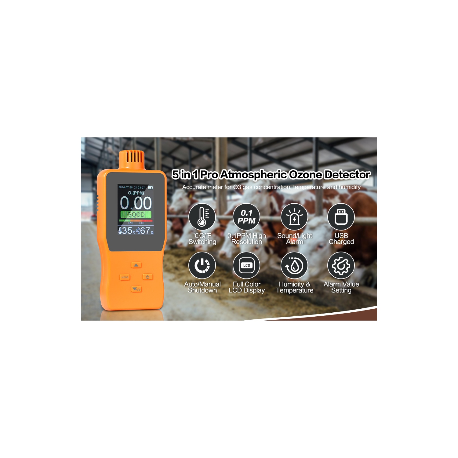 2.8-inch Ozone Detector || Real-time O3 Concentration Monitoring | Temperature and Humidity Display | Audible and Visual Alarms | Data Storage | USB