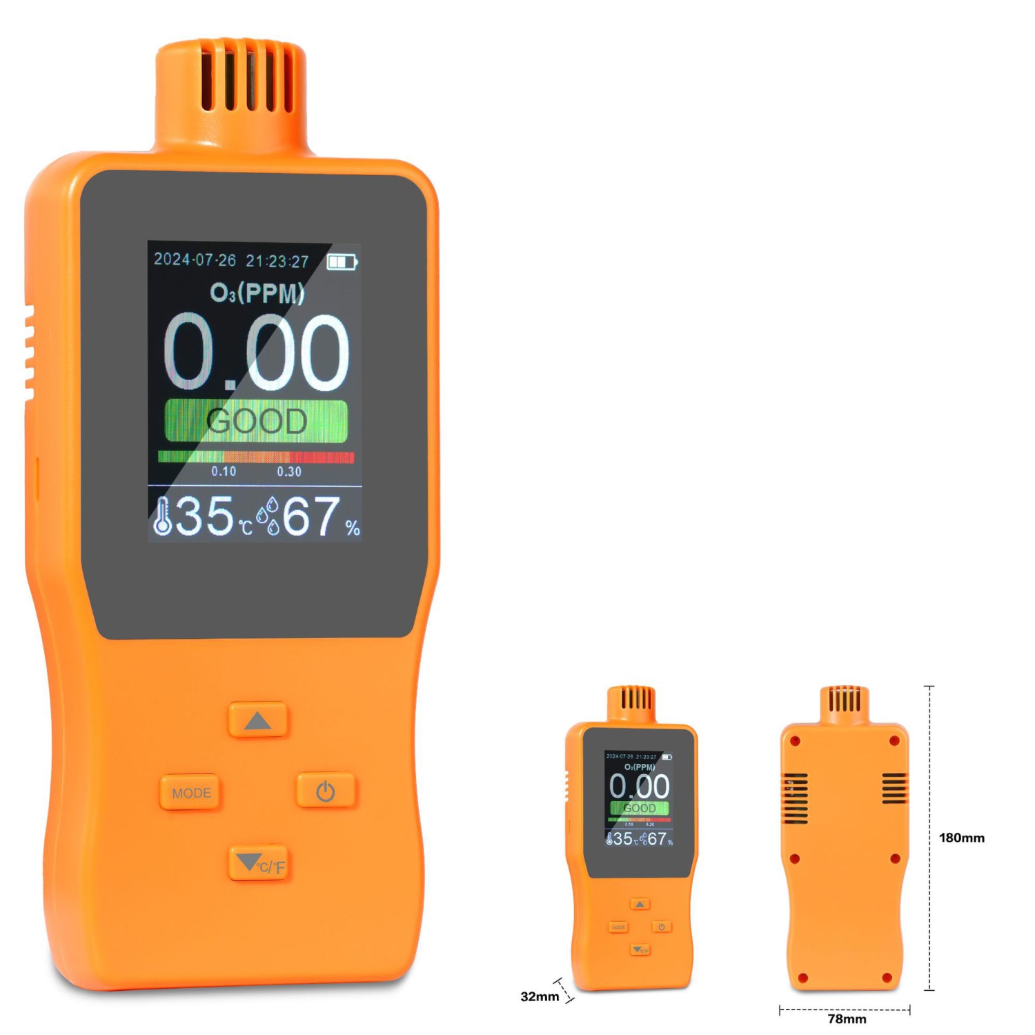 2.8-inch Ozone Detector || Real-time O3 Concentration Monitoring | Temperature and Humidity Display | Audible and Visual Alarms | Data Storage | USB