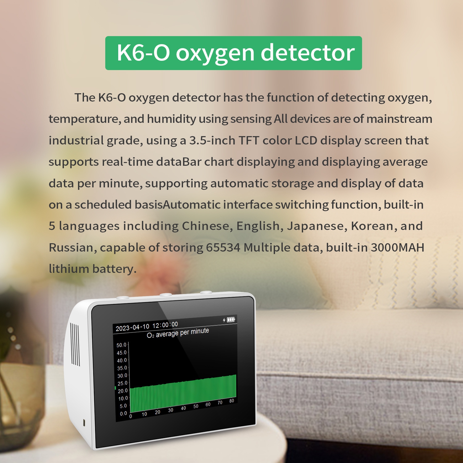 Blood Oxygen Monitor | 3.5-inch color screen | Real-time monitoring of blood oxygen, temperature, and humidity| Data storage| 3000mAh battery |