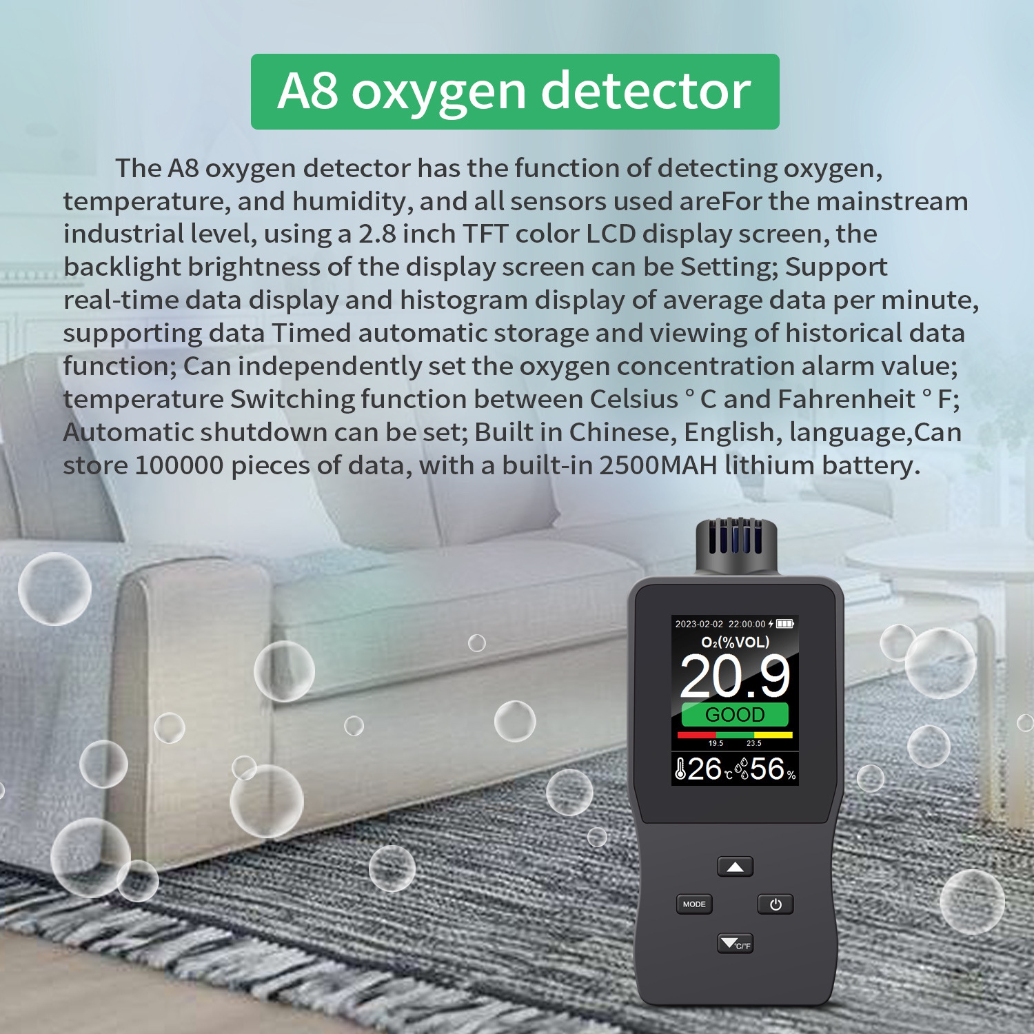 Oxygen monitor | 2.8-inch color screen | Real-time O2/temperature and humidity monitoring | Data storage | 2500mAh battery | Lightweight and portable