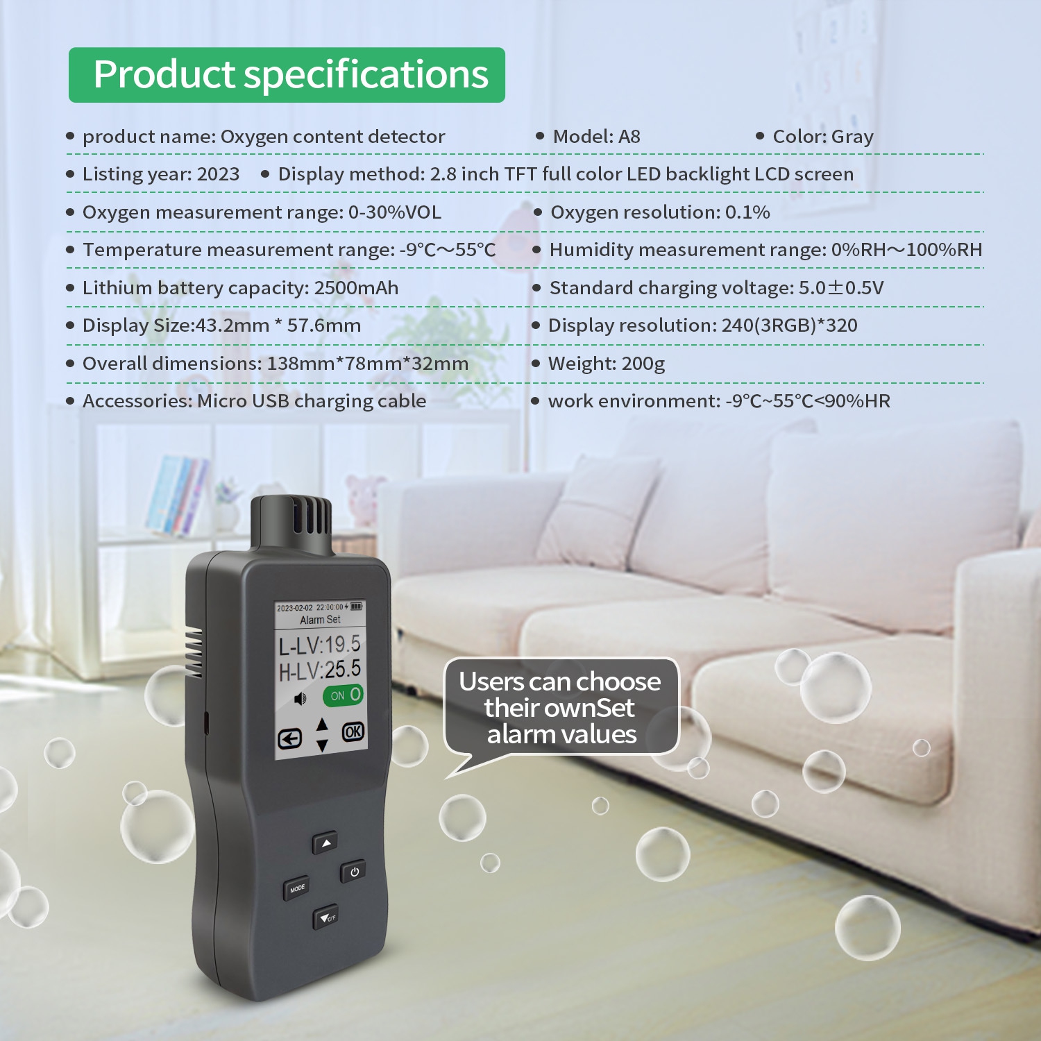 Oxygen monitor | 2.8-inch color screen | Real-time O2/temperature and humidity monitoring | Data storage | 2500mAh battery | Lightweight and portable