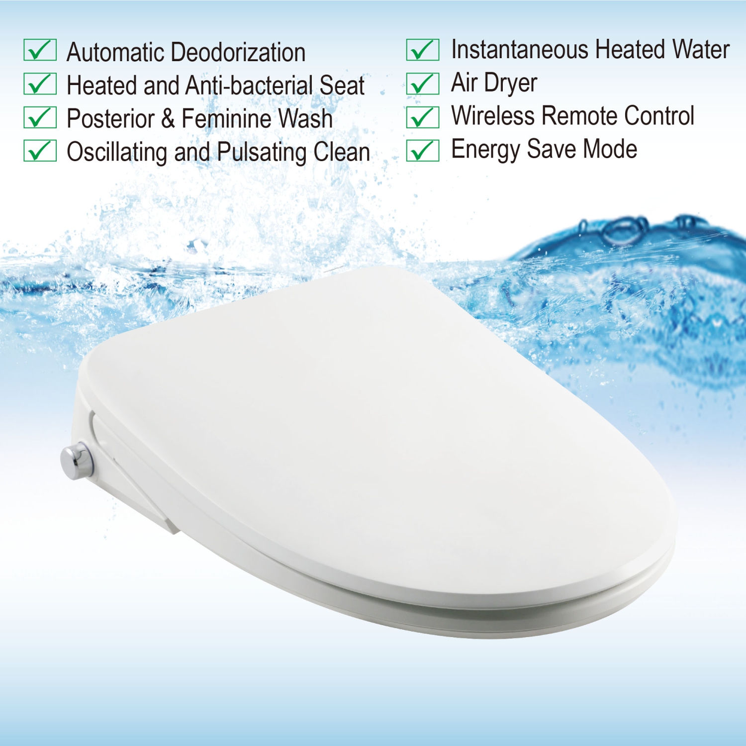 Siège de toilette allongé Smart Bidet WOODBRIDGE, autonettoyage électronique avancé, couvercle SoftClose, désodorisation automatique