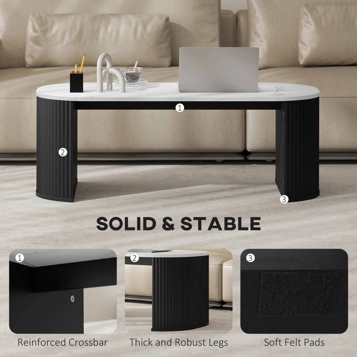 HOMCOM – Table basse, table centrale moderne avec surface en effet de marbre, pattes épaisses et coins arrondis pour salon, noir