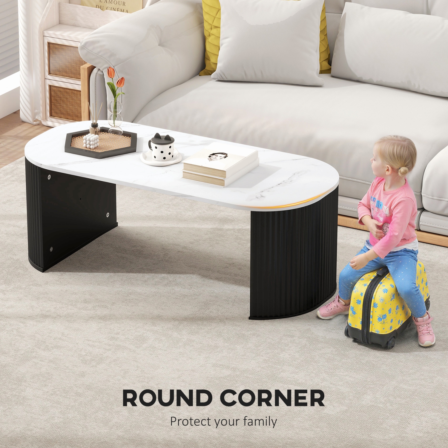 HOMCOM – Table basse, table centrale moderne avec surface en effet de marbre, pattes épaisses et coins arrondis pour salon, noir