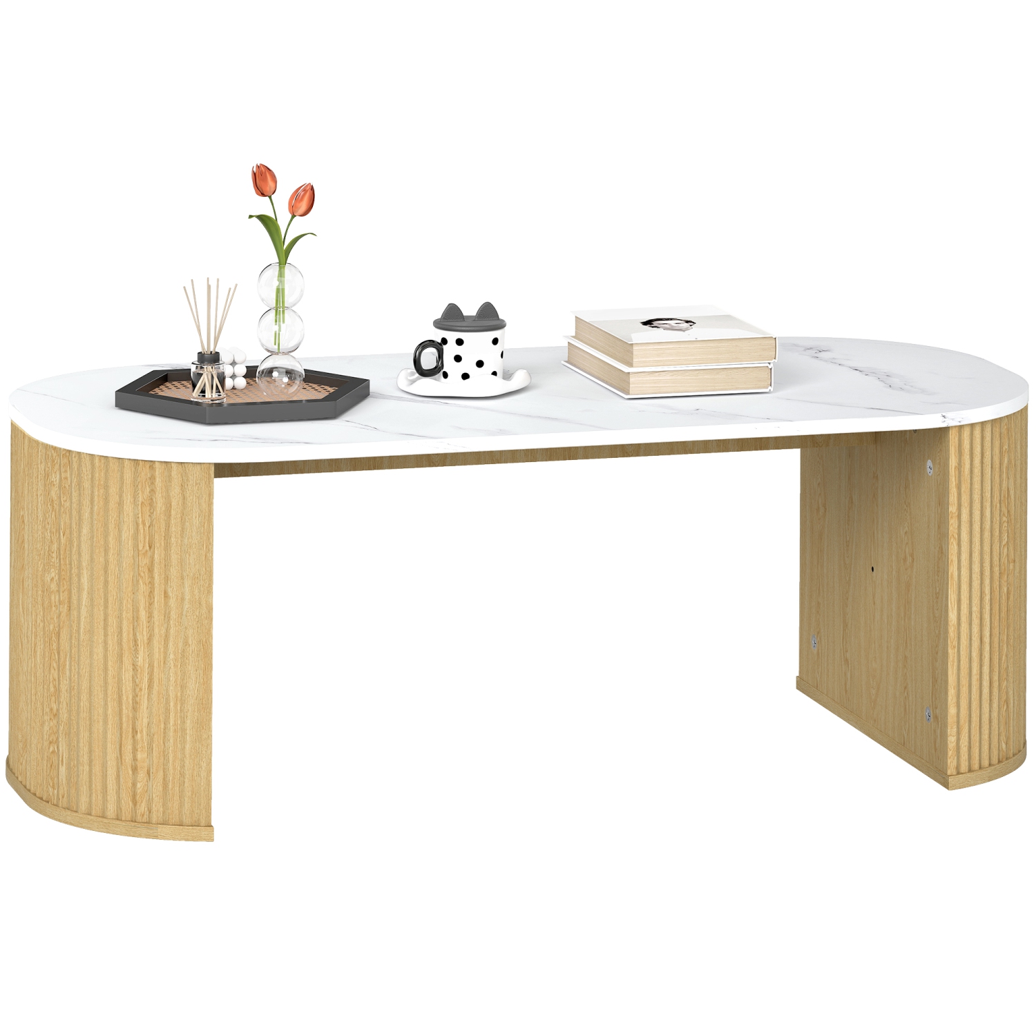 HOMCOM – Table basse, table centrale moderne en effet marbre avec coins ronds et pattes épaisisses pour le salon, bois naturel