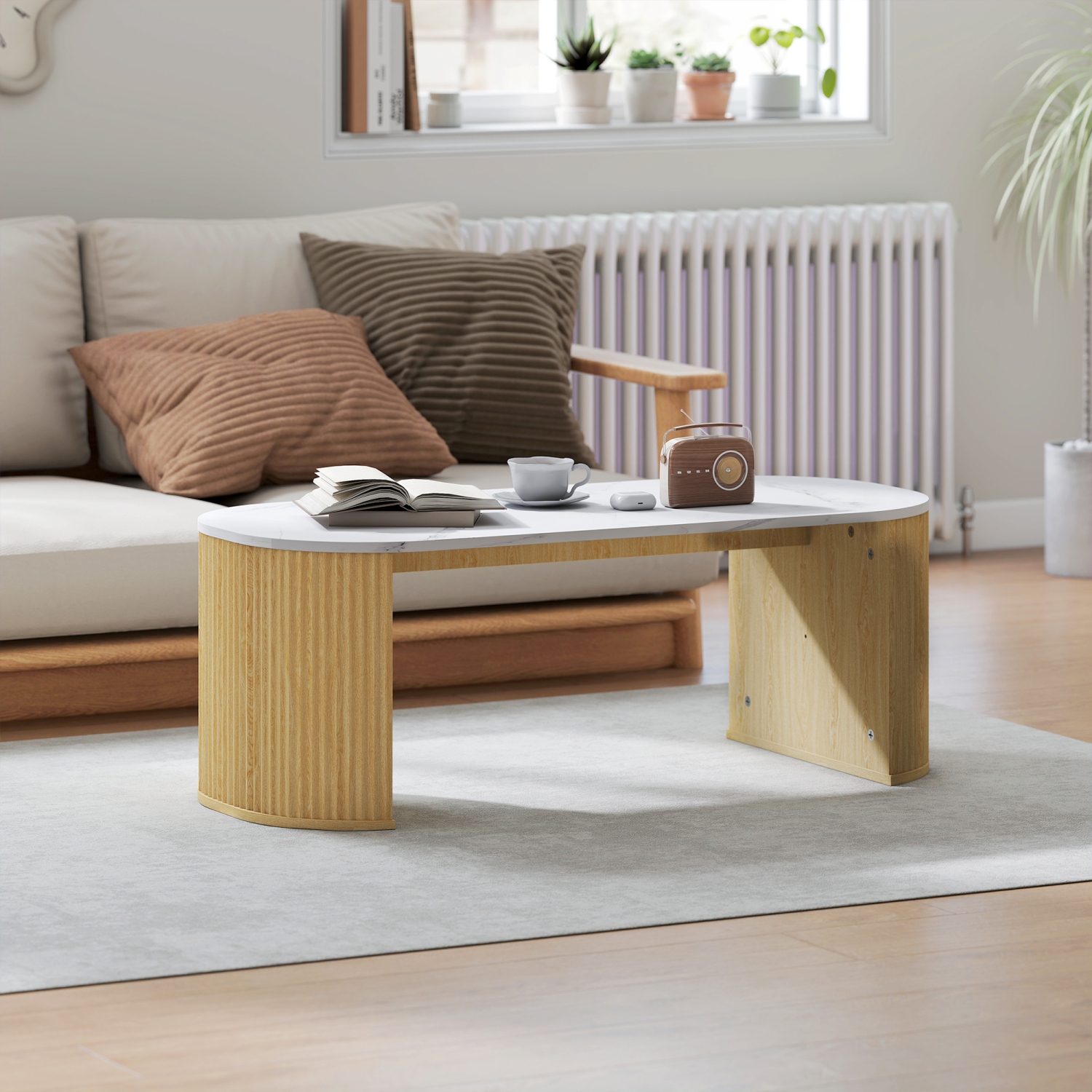 HOMCOM – Table basse, table centrale moderne en effet marbre avec coins ronds et pattes épaisisses pour le salon, bois naturel