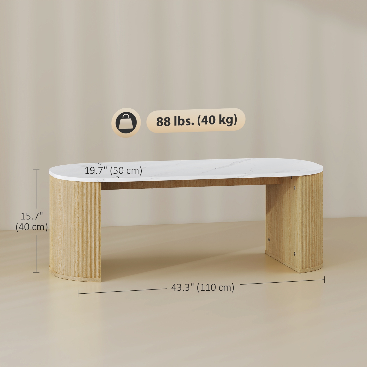 HOMCOM – Table basse, table centrale moderne en effet marbre avec coins ronds et pattes épaisisses pour le salon, bois naturel