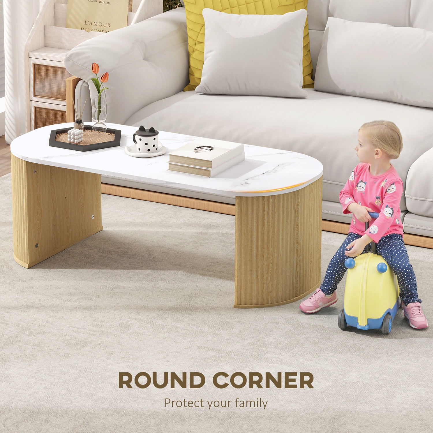 HOMCOM – Table basse, table centrale moderne en effet marbre avec coins ronds et pattes épaisisses pour le salon, bois naturel