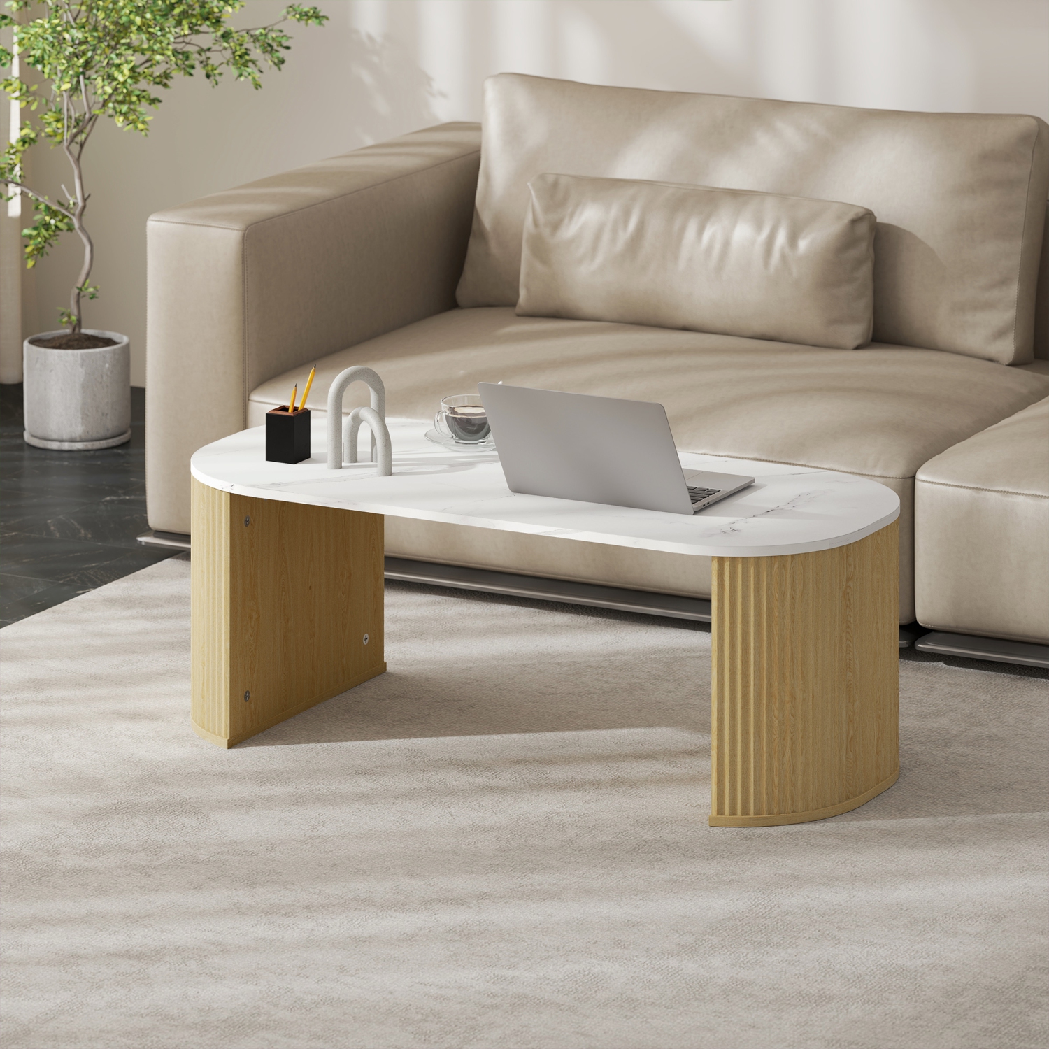 HOMCOM – Table basse, table centrale moderne en effet marbre avec coins ronds et pattes épaisisses pour le salon, bois naturel