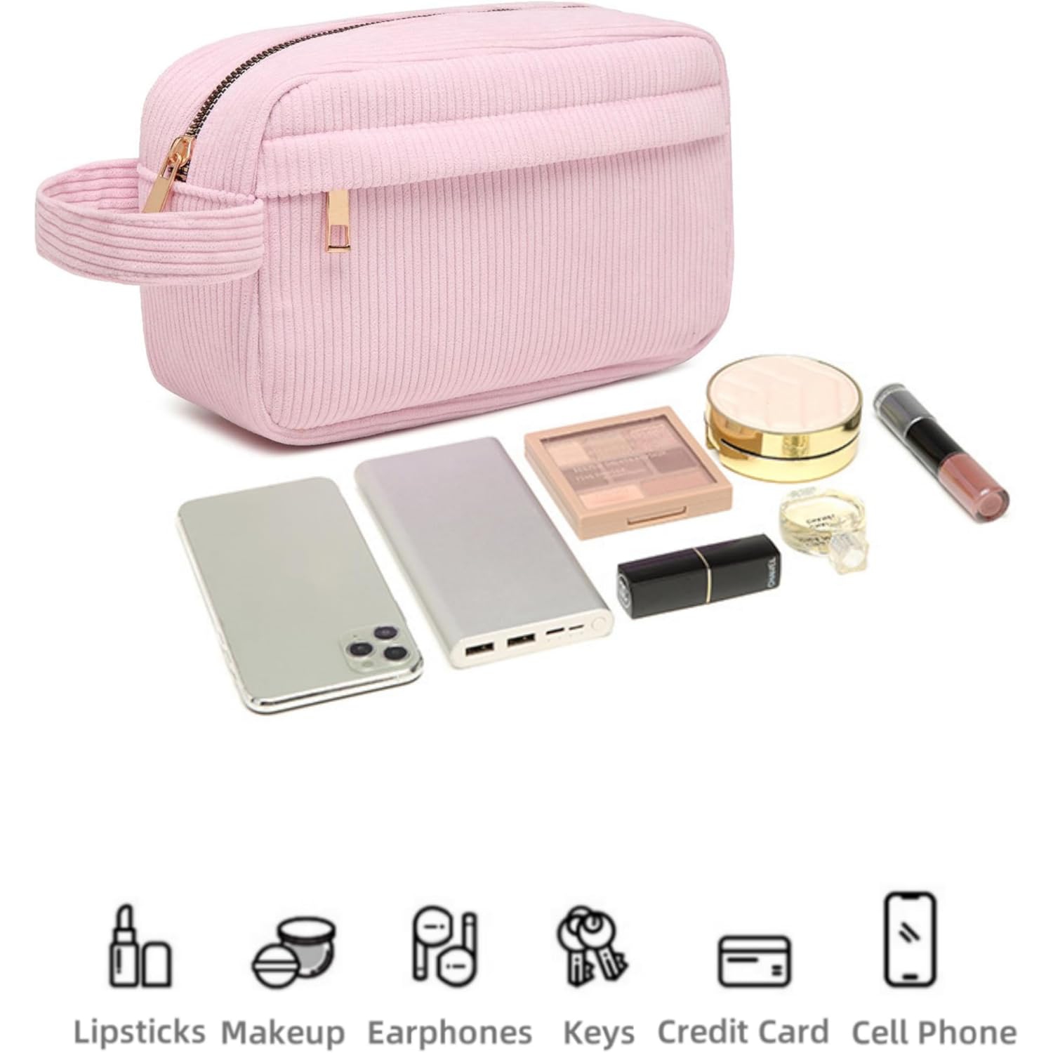 Mini Corduroy Portable Cosmetic Bag with Large Capacity, Lipstick Storage Bag, Stylish and Simple - Pink