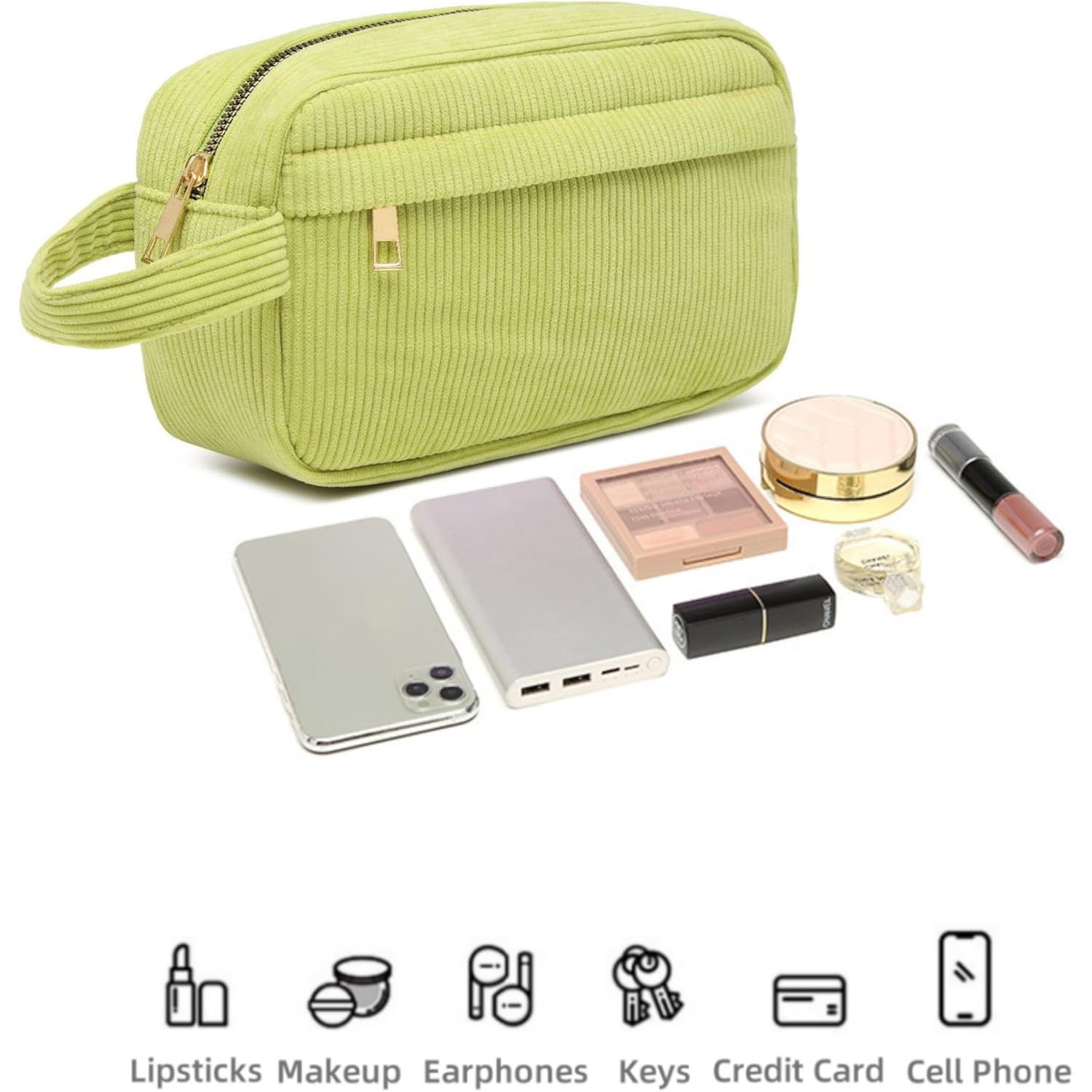 Mini Corduroy Portable Cosmetic Bag with Large Capacity, Lipstick Storage Bag, Stylish and Simple - Green