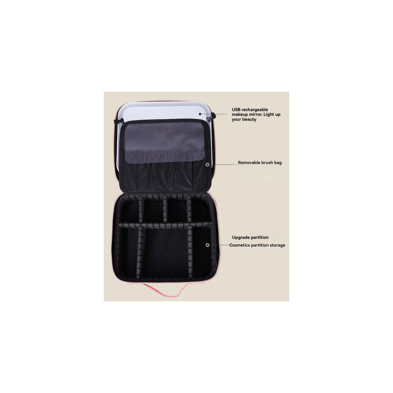 Sac de maquillage portatif grande capacité et étui de rangement avec lampe LED, miroir et rangement superposé - Noir