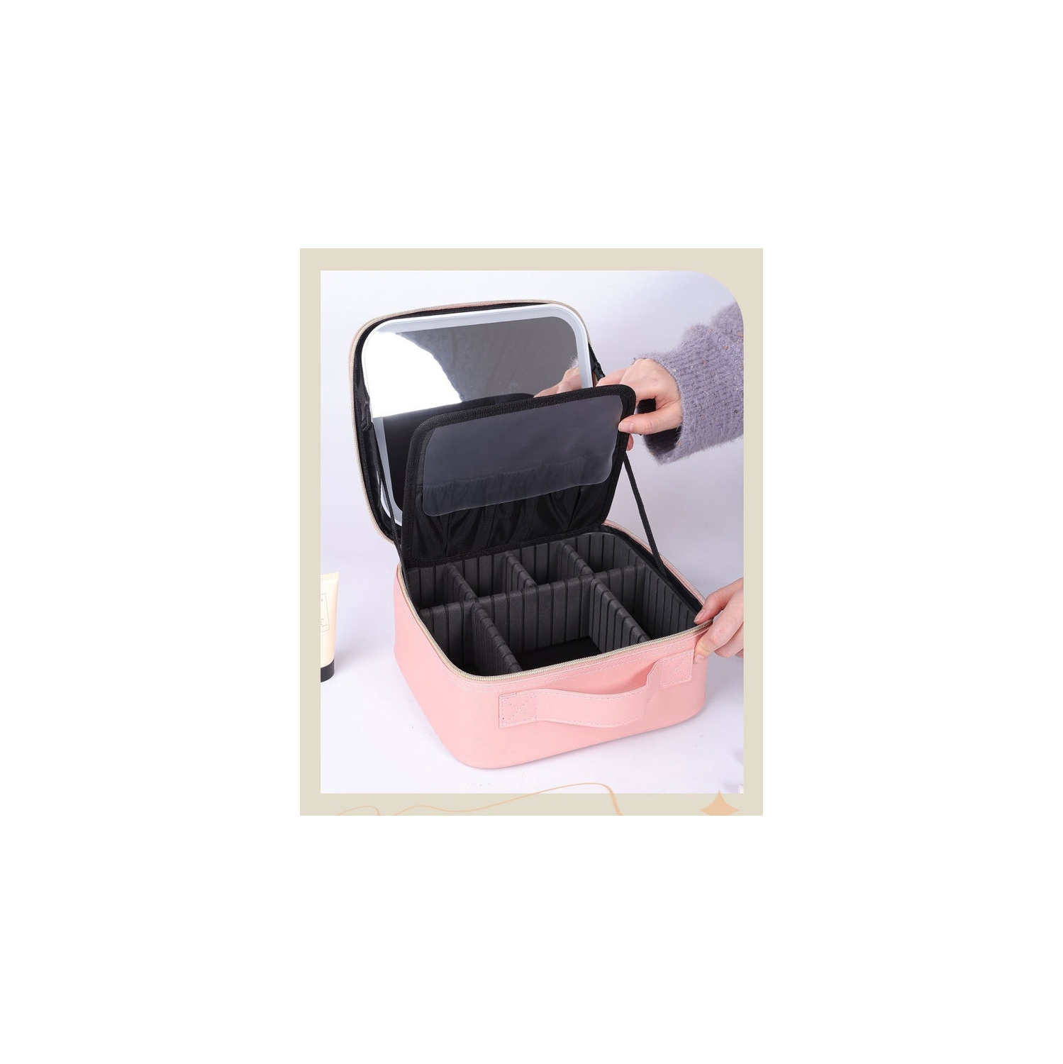 Portable Large-Capacity Makeup Bag and Storage Case with LED Light, Mirror, and Layered Storage - Pink