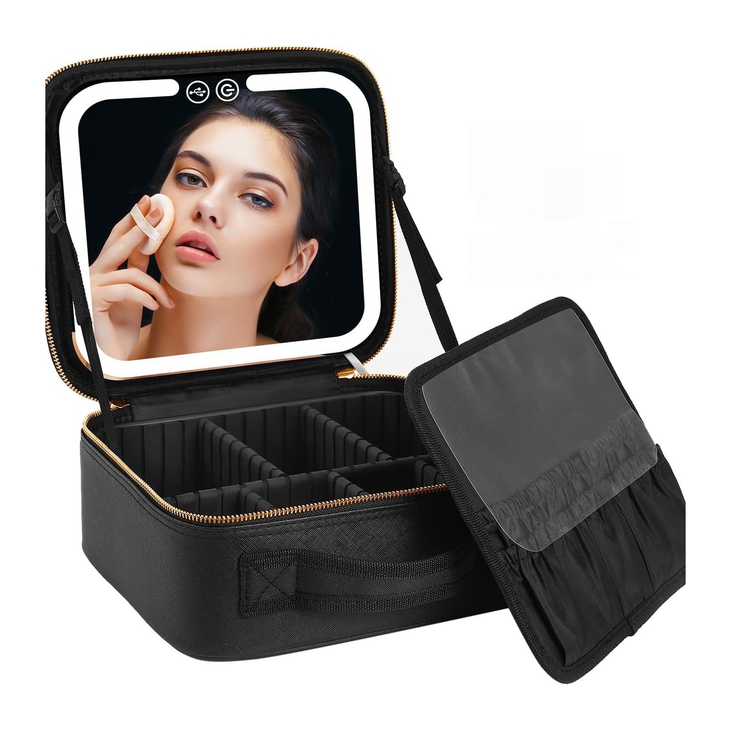 Sac à cosmétiques LED avec miroir, miroir à maquillage éclairé, grand sac de rangement portatif portatif pour les voyages