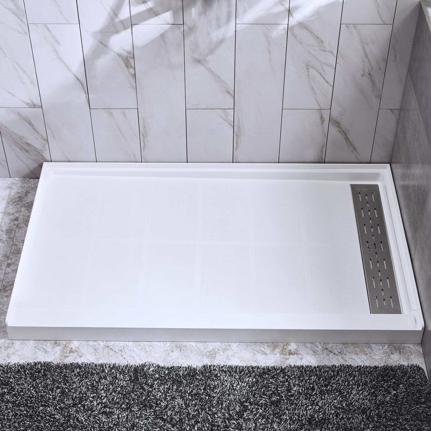 WOODBRIDGE Solid Surface Shower Base with Recessed Trench Side Including Stainless Steel Linear Cover, 48" L x 36" W x4 H,Right Drain White Color