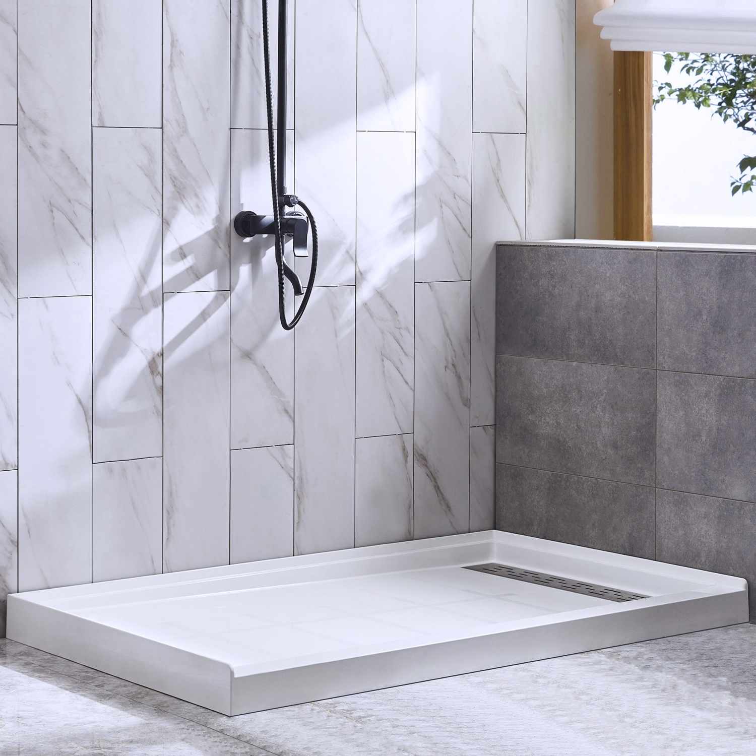 WOODBRIDGE Solid Surface Shower Base with Recessed Trench Side Including Stainless Steel Linear Cover, 48" L x 36" W x4 H,Right Drain White Color