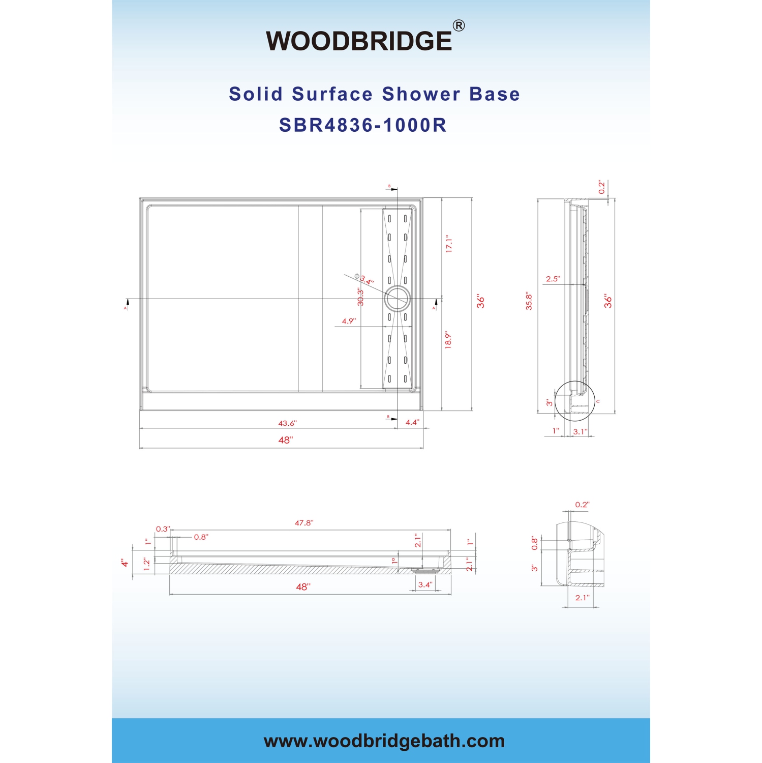 WOODBRIDGE Solid Surface Shower Base with Recessed Trench Side Including Stainless Steel Linear Cover, 48" L x 36" W x4 H,Right Drain White Color
