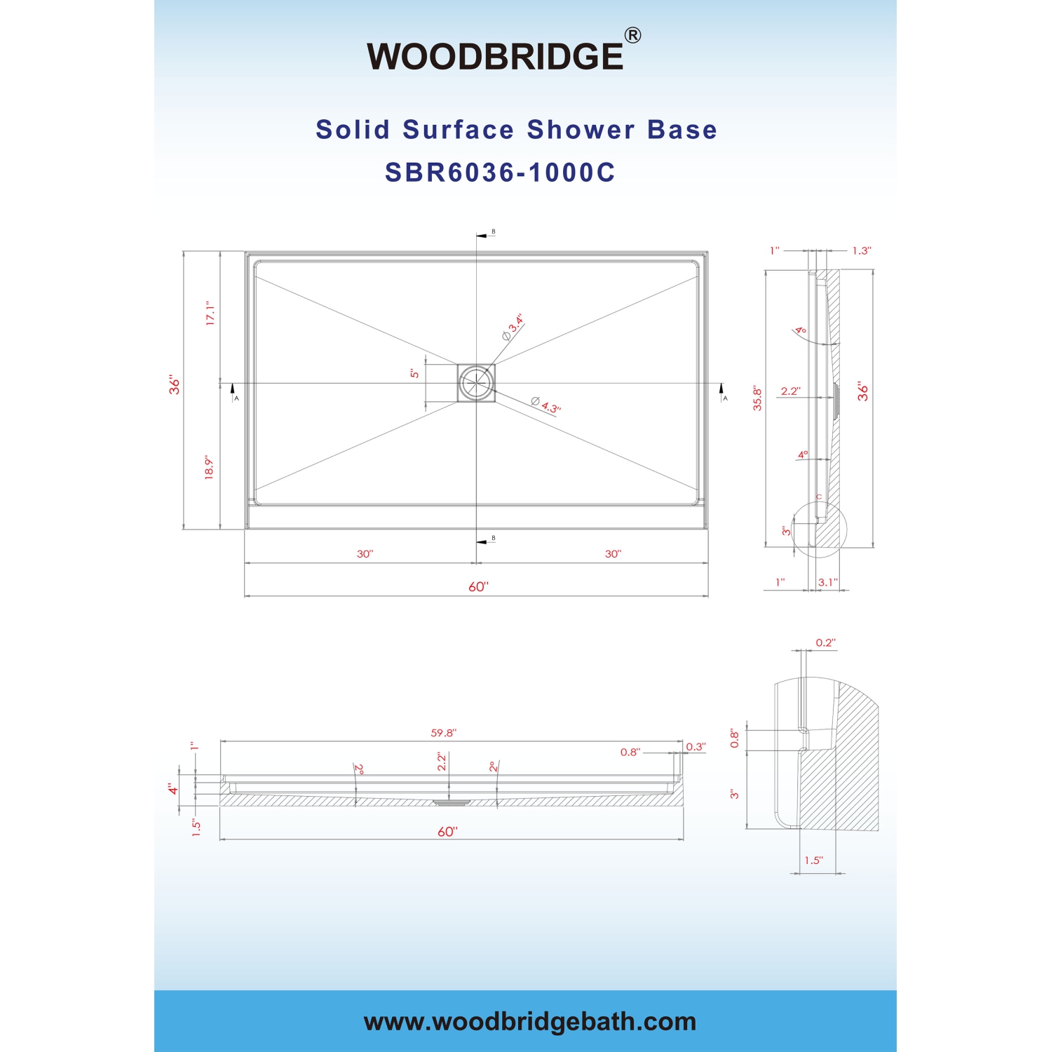 WOODBRIDGE Solid Surface Shower Base with Recessed Trench Side Including Stainless Steel Linear Cover, 60" L x 36" W x 4" H,Center Drain White Color