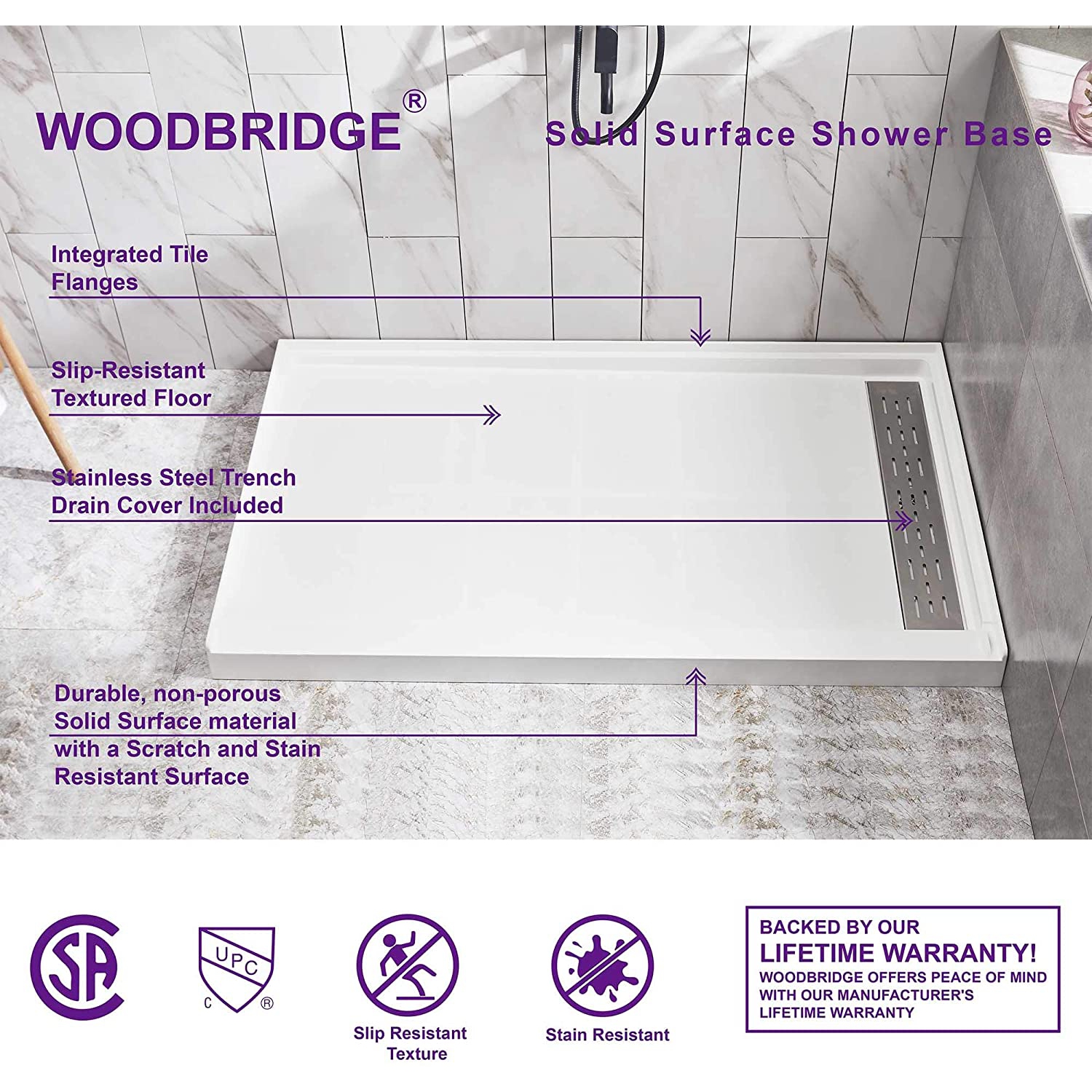 WOODBRIDGE Solid Surface Shower Base with Recessed Trench Side Including Stainless Steel Linear Cover, 60" L x 30" W x 4" H,Right Drain White Color