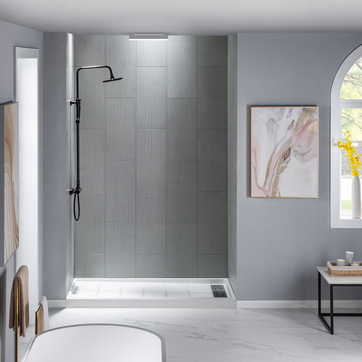 WOODBRIDGE Solid Surface Shower Base with Recessed Trench Side Including Stainless Steel Linear Cover, 60" L x 30" W x 4" H,Right Drain White Color