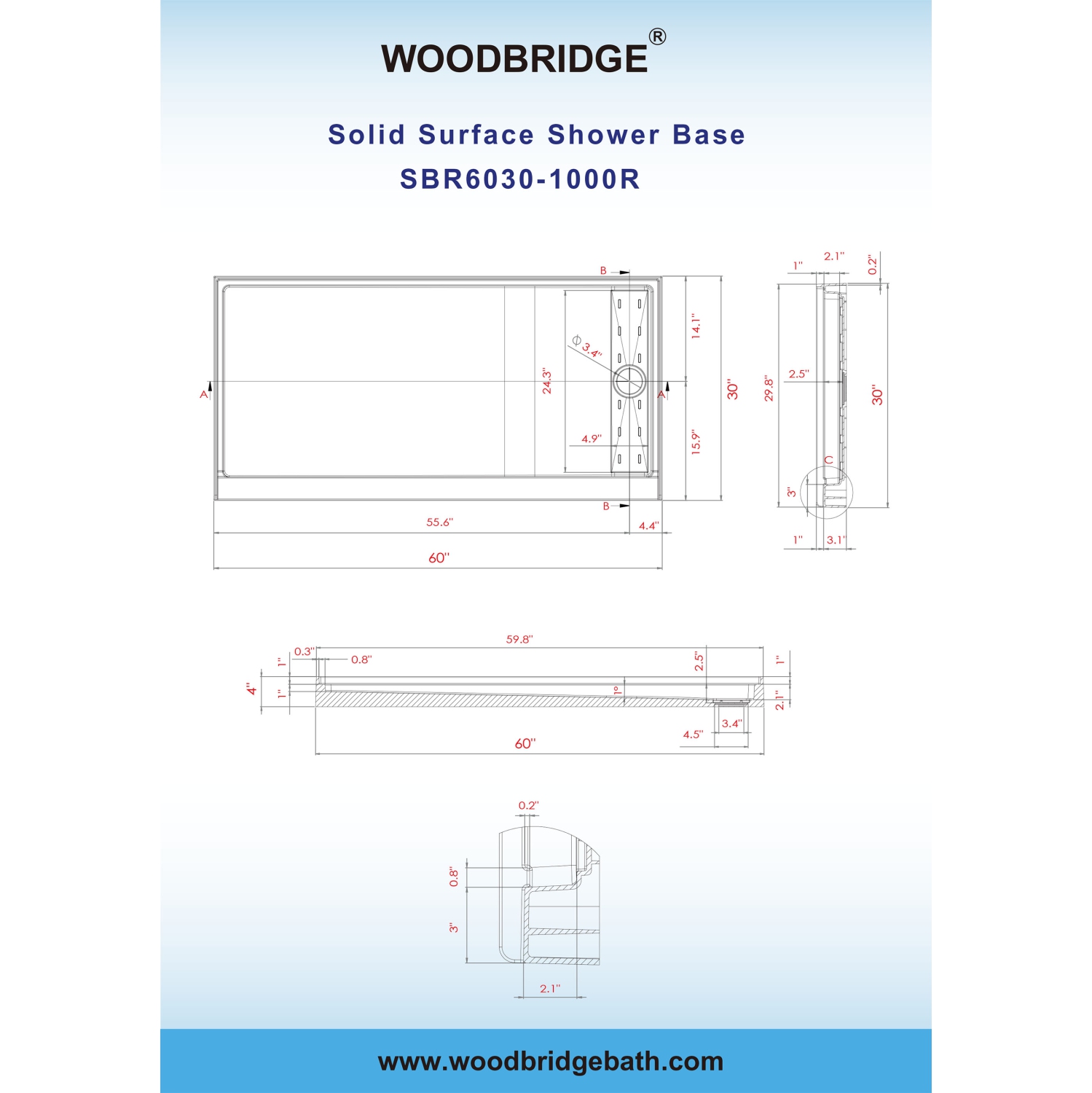 WOODBRIDGE Solid Surface Shower Base with Recessed Trench Side Including Stainless Steel Linear Cover, 60" L x 30" W x 4" H,Right Drain White Color