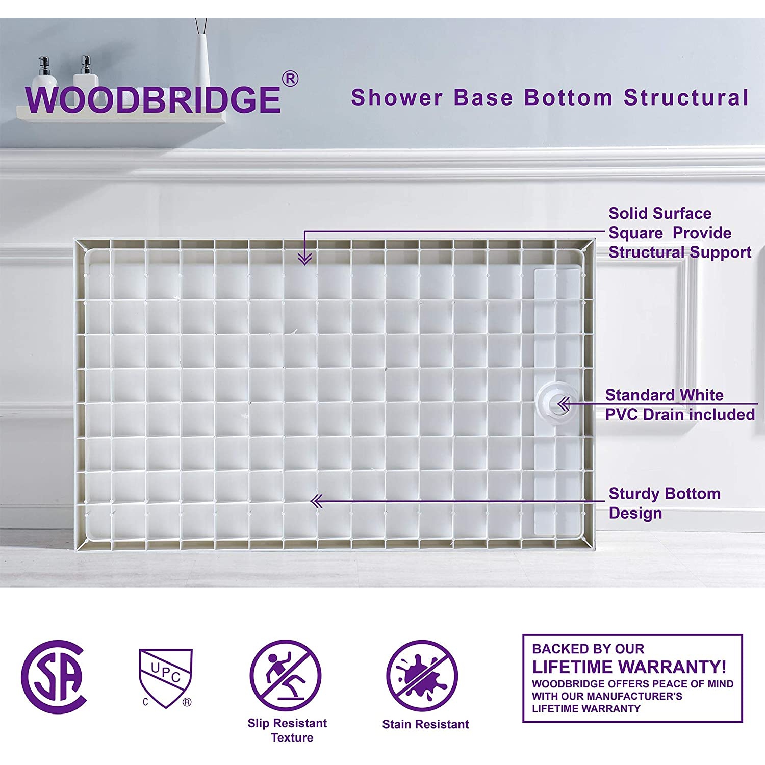 WOODBRIDGE Solid Surface Shower Base with Recessed Trench Side Including Stainless Steel Linear Cover, 60" L x 30" W x 4" H,Right Drain White Color