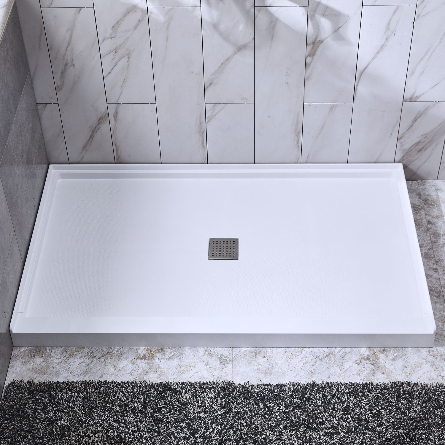 WOODBRIDGE Solid Surface Shower Base with Recessed Trench Side Including Stainless Steel Linear Cover, 60" L x 30" W x 4" H,Center Drain White Color