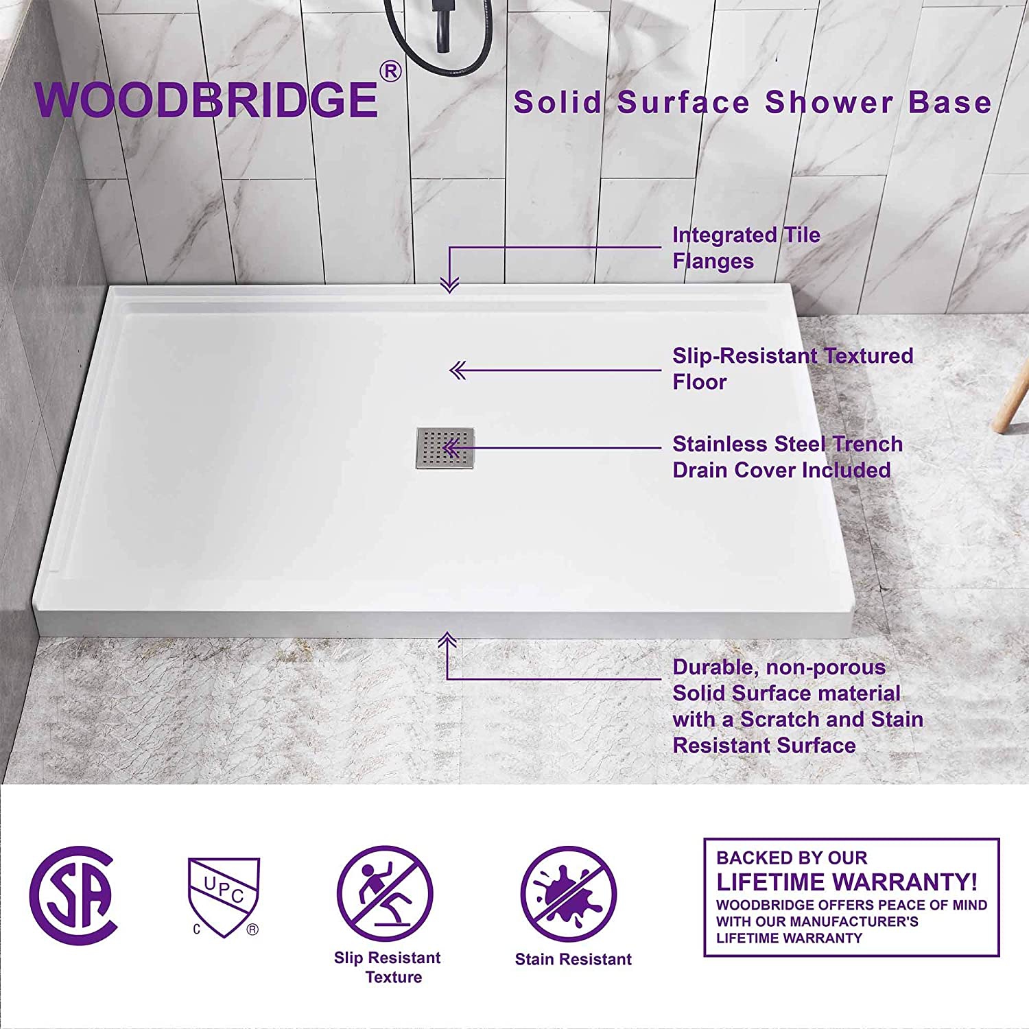 WOODBRIDGE Solid Surface Shower Base with Recessed Trench Side Including Stainless Steel Linear Cover, 60" L x 30" W x 4" H,Center Drain White Color