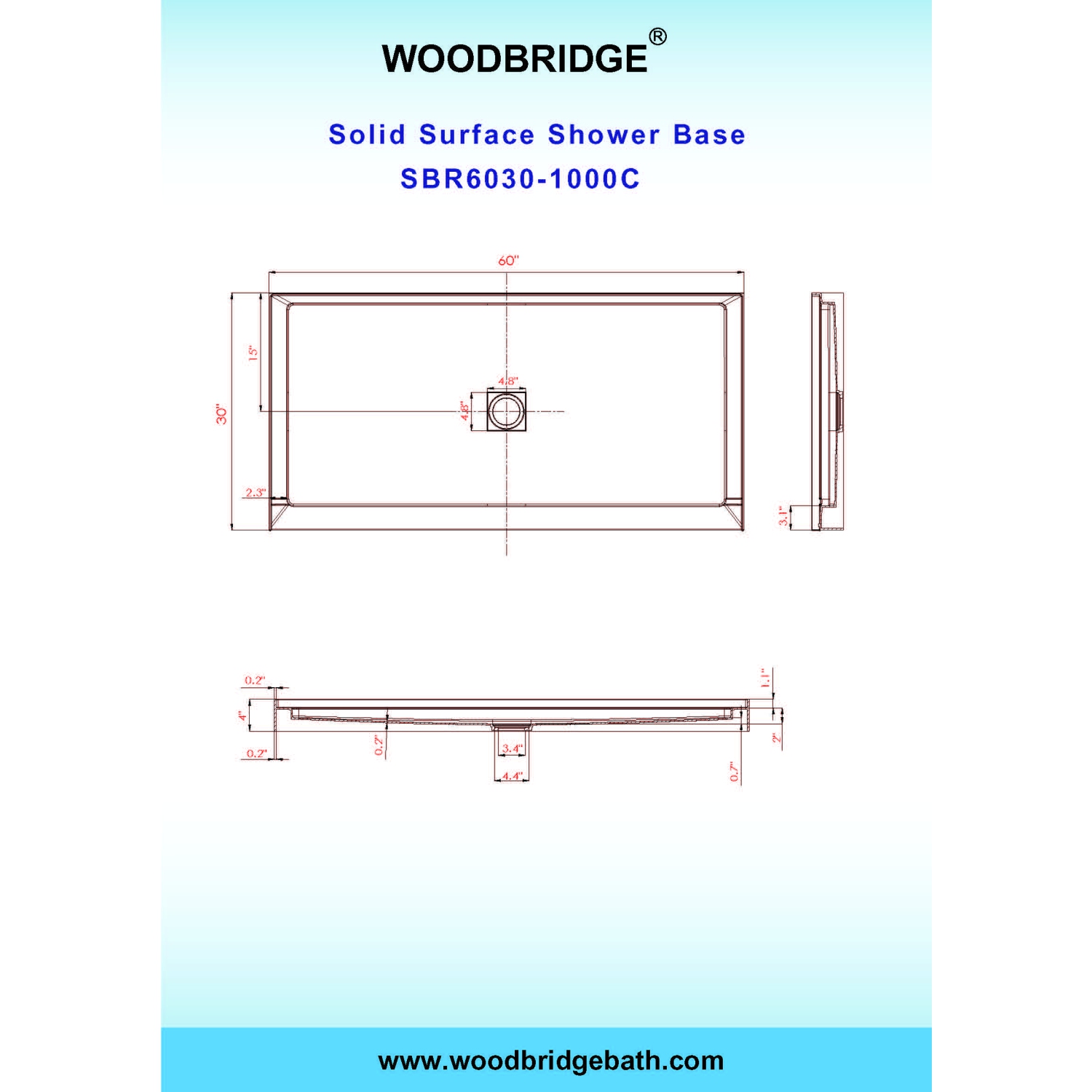 WOODBRIDGE Solid Surface Shower Base with Recessed Trench Side Including Stainless Steel Linear Cover, 60" L x 30" W x 4" H,Center Drain White Color