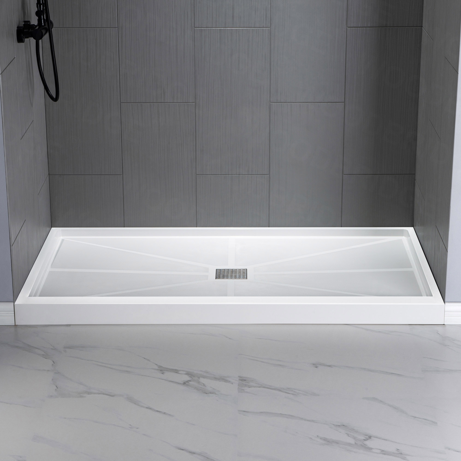 WOODBRIDGE Solid Surface Shower Base with Recessed Trench Side Including Stainless Steel Linear Cover, 60" L x 30" W x 4" H,Center Drain White Color