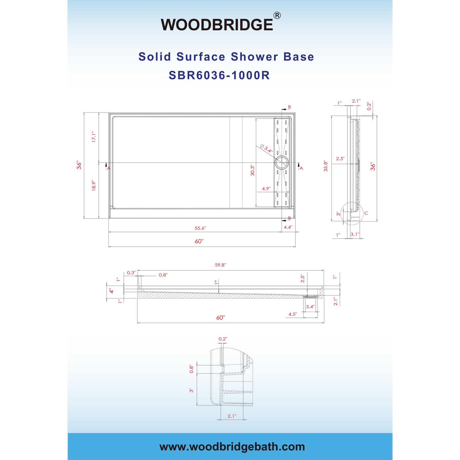 WOODBRIDGE Solid Surface Shower Base with Recessed Trench Side Including Stainless Steel Linear Cover, 60" L x 36" W x 4" H,Right Drain White Color
