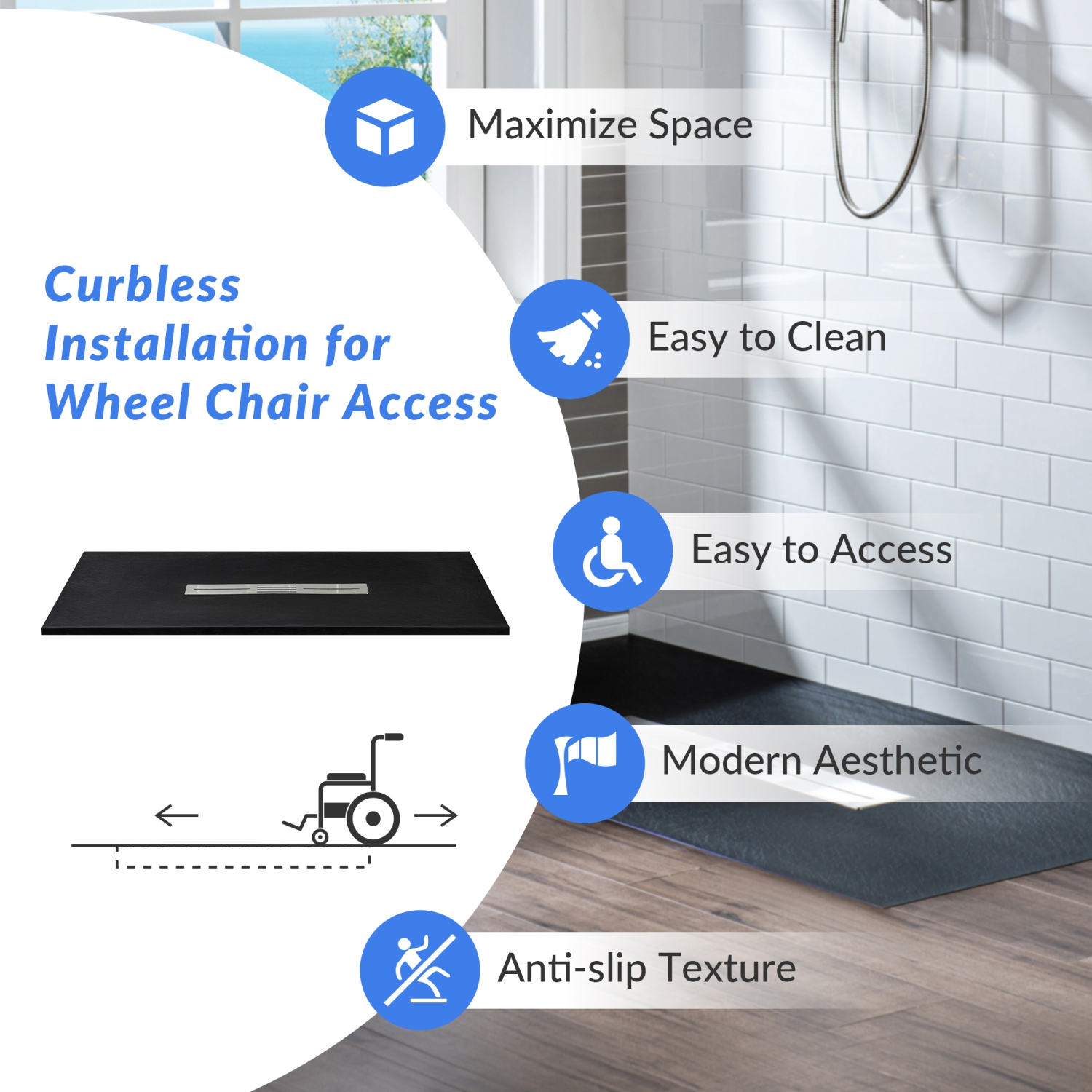 WOODBRIDGE 59" L x 35.4" W Zero Threshold End Drain Shower Base with Center Drain Placement,Matching Decorative Drain Plate and Tile Flange,Wheel