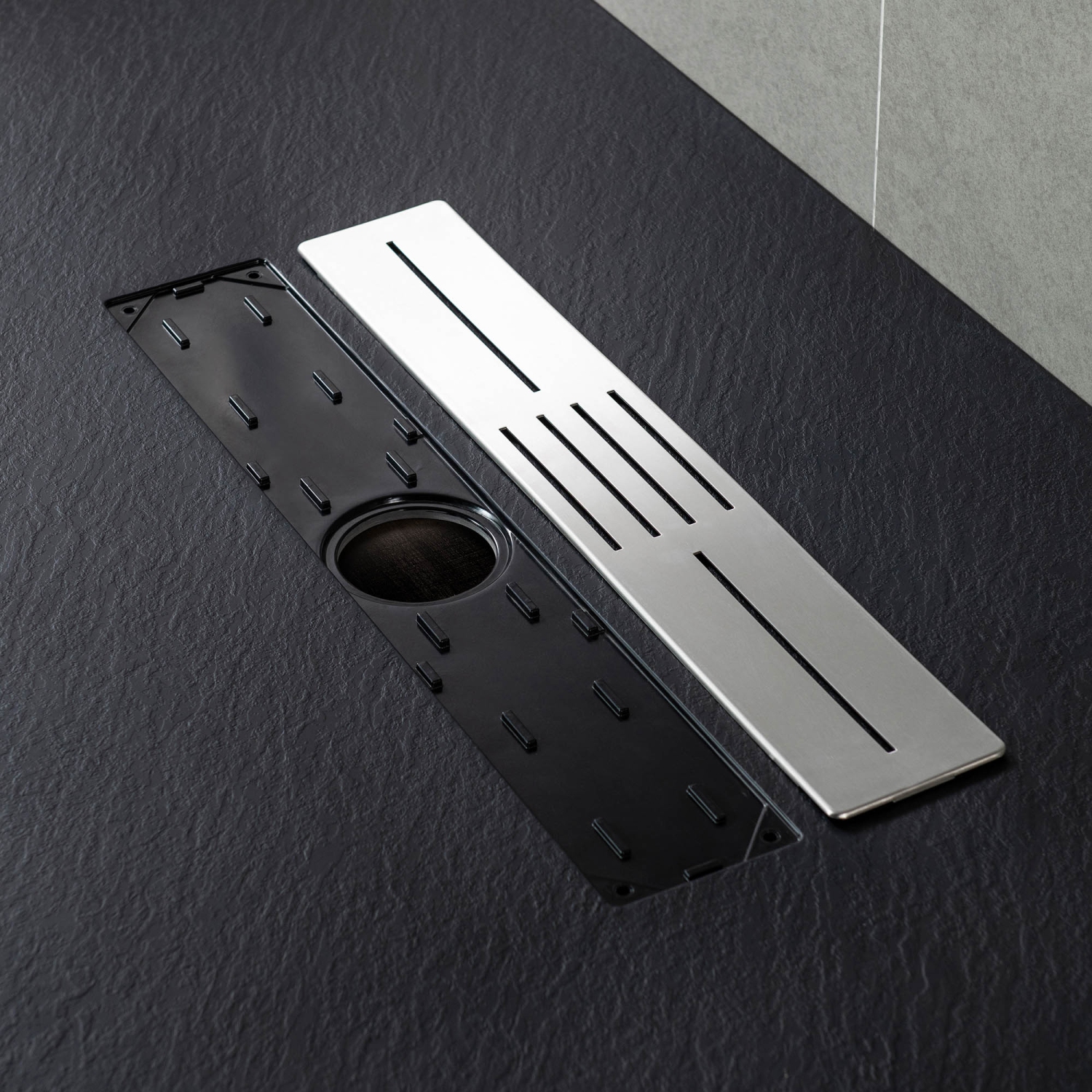 WOODBRIDGE 59" L x 35.4" W Zero Threshold End Drain Shower Base with Center Drain Placement,Matching Decorative Drain Plate and Tile Flange,Wheel