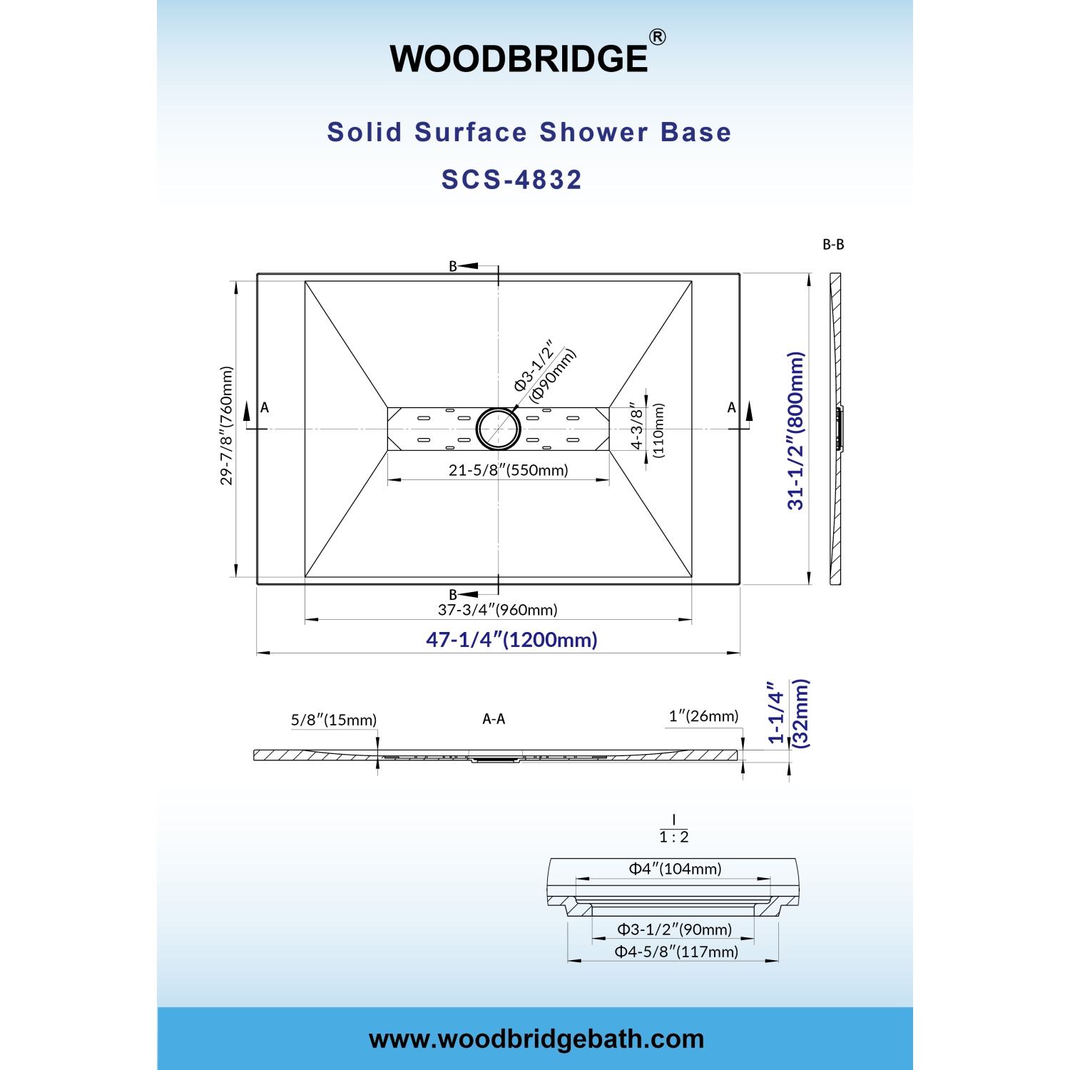 WOODBRIDGE 59" L x 35.4" W Zero Threshold End Drain Shower Base with Center Drain Placement,Matching Decorative Drain Plate and Tile Flange,Wheel
