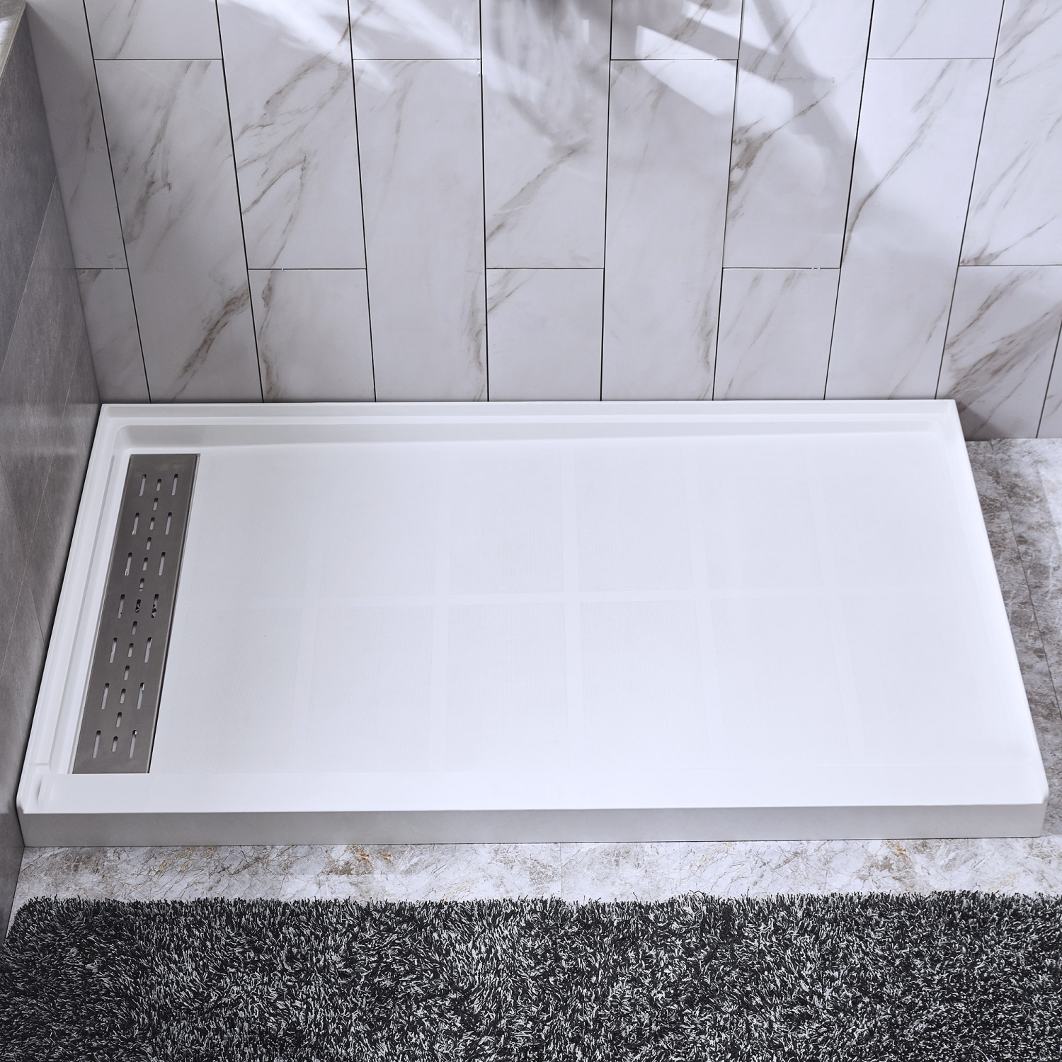 WOODBRIDGE Solid Surface Shower Base with Recessed Trench Side Including Stainless Steel Linear Cover, 60" L x 36" W x 4" H,Left Drain White Color
