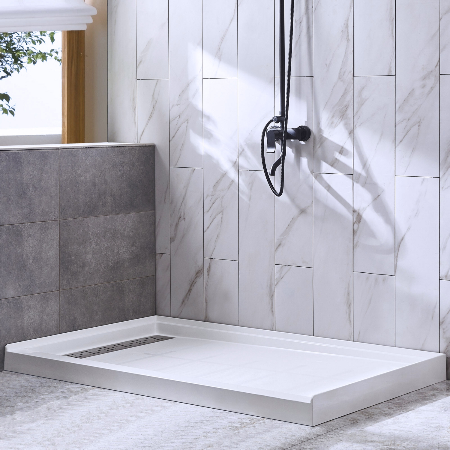 WOODBRIDGE Solid Surface Shower Base with Recessed Trench Side Including Stainless Steel Linear Cover, 60" L x 36" W x 4" H,Left Drain White Color