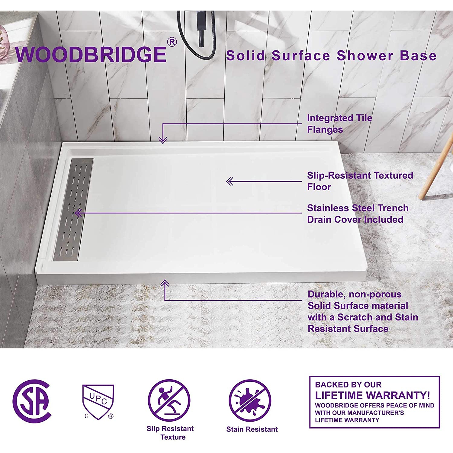 WOODBRIDGE Solid Surface Shower Base with Recessed Trench Side Including Stainless Steel Linear Cover, 60" L x 36" W x 4" H,Left Drain White Color