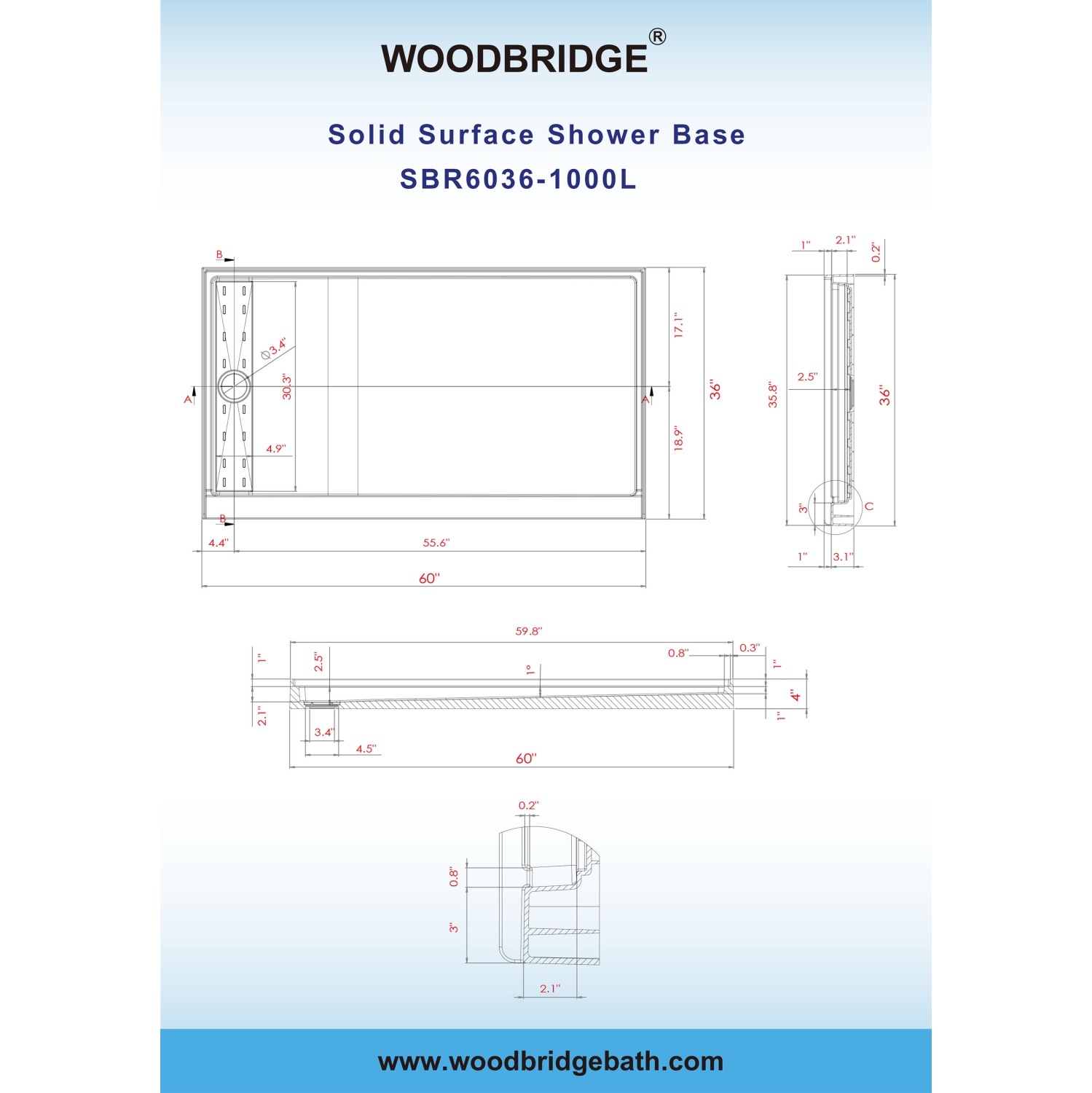 WOODBRIDGE Solid Surface Shower Base with Recessed Trench Side Including Stainless Steel Linear Cover, 60" L x 36" W x 4" H,Left Drain White Color