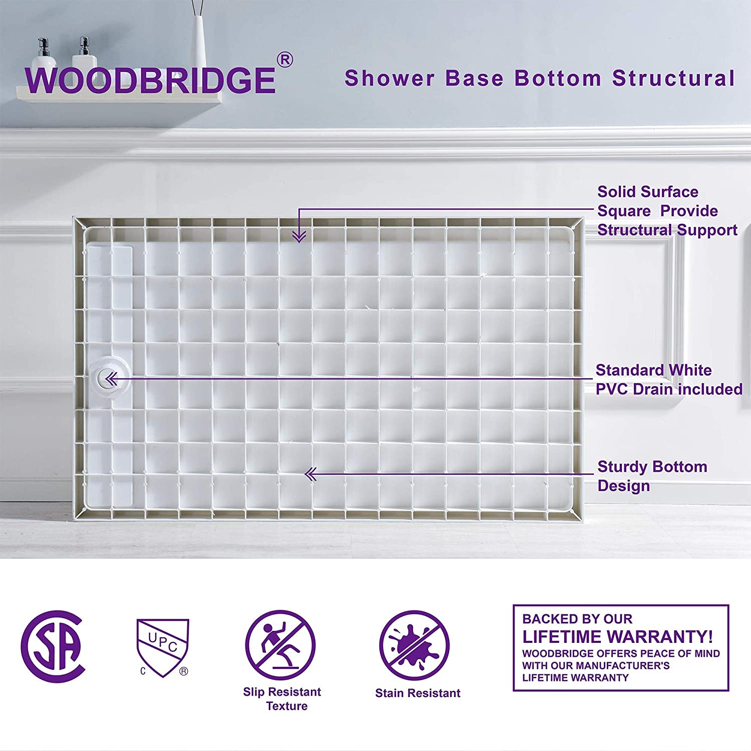WOODBRIDGE Solid Surface Shower Base with Recessed Trench Side Including Stainless Steel Linear Cover, 60" L x 36" W x 4" H,Left Drain White Color